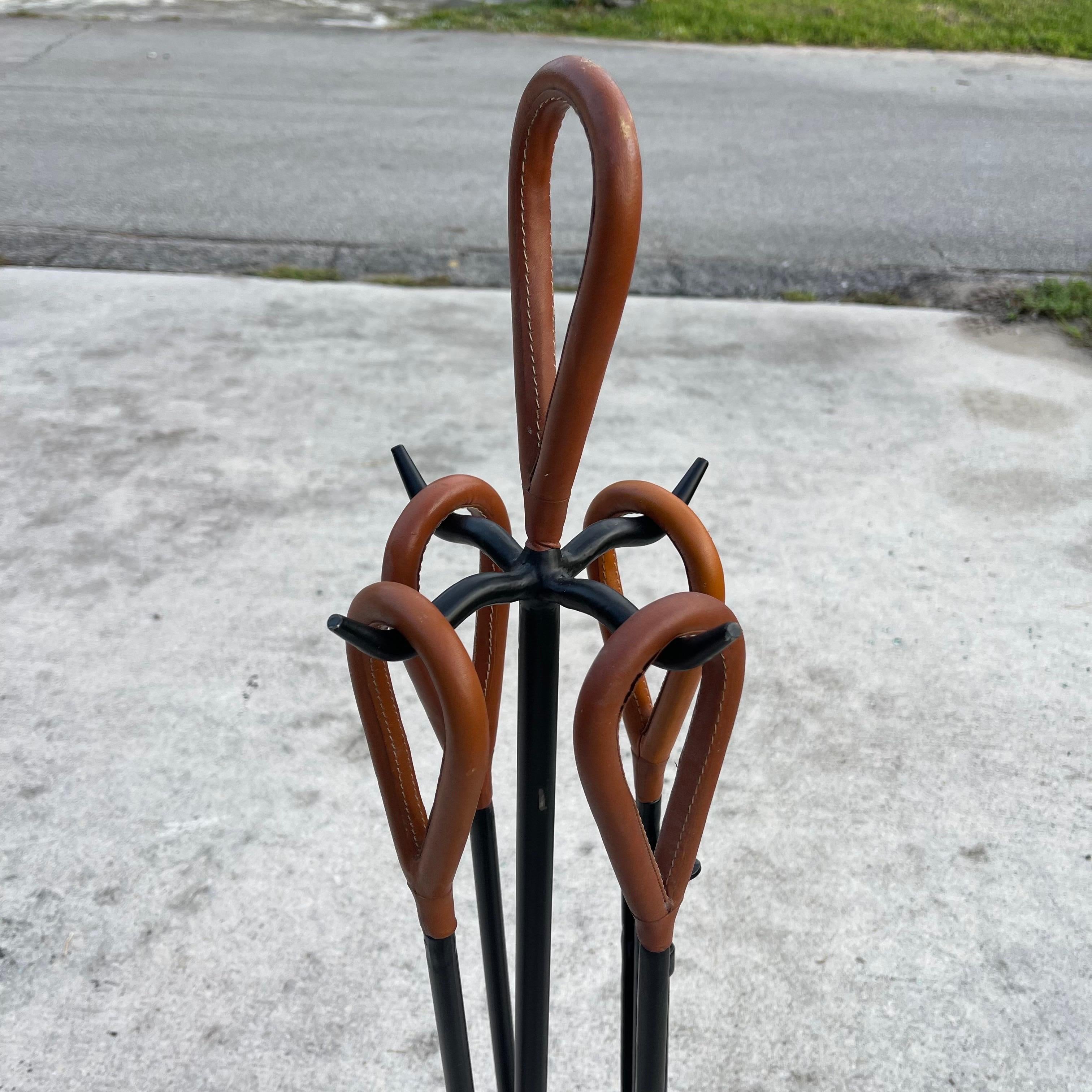 Jacques Adnet Style Leather & Iron Modernist Fireplace Tool Set In Good Condition In Jensen Beach, FL