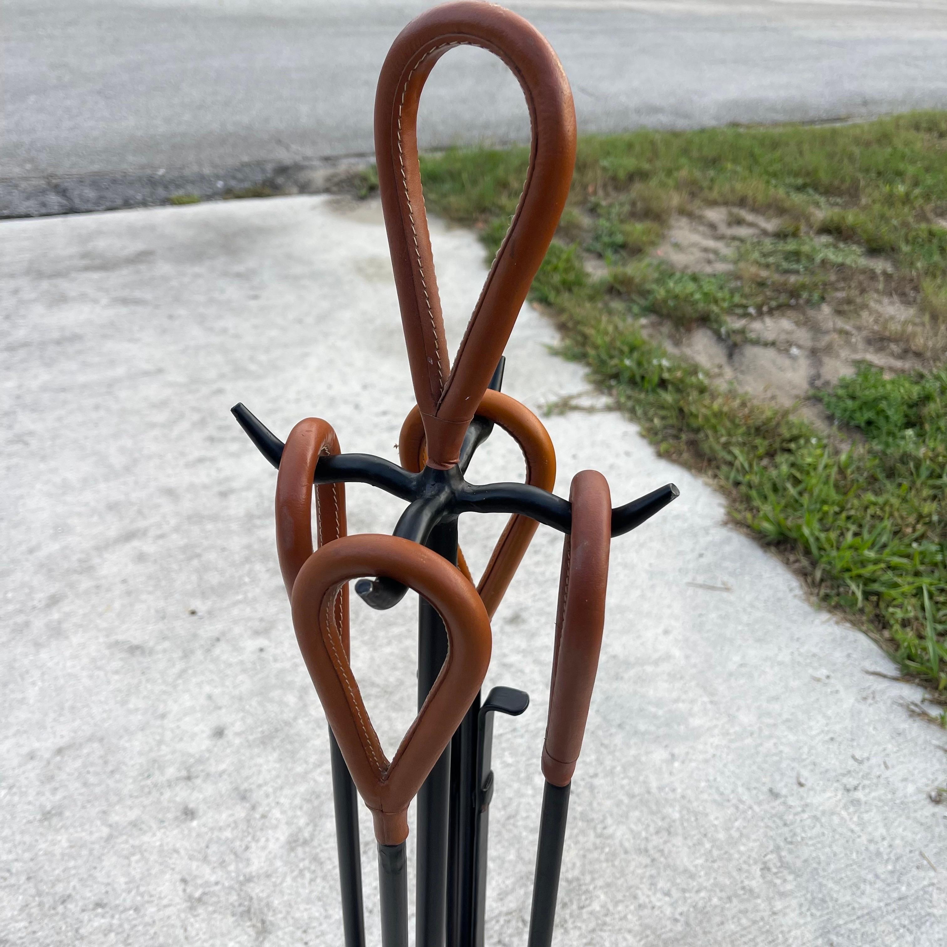 20th Century Jacques Adnet Style Leather & Iron Modernist Fireplace Tool Set
