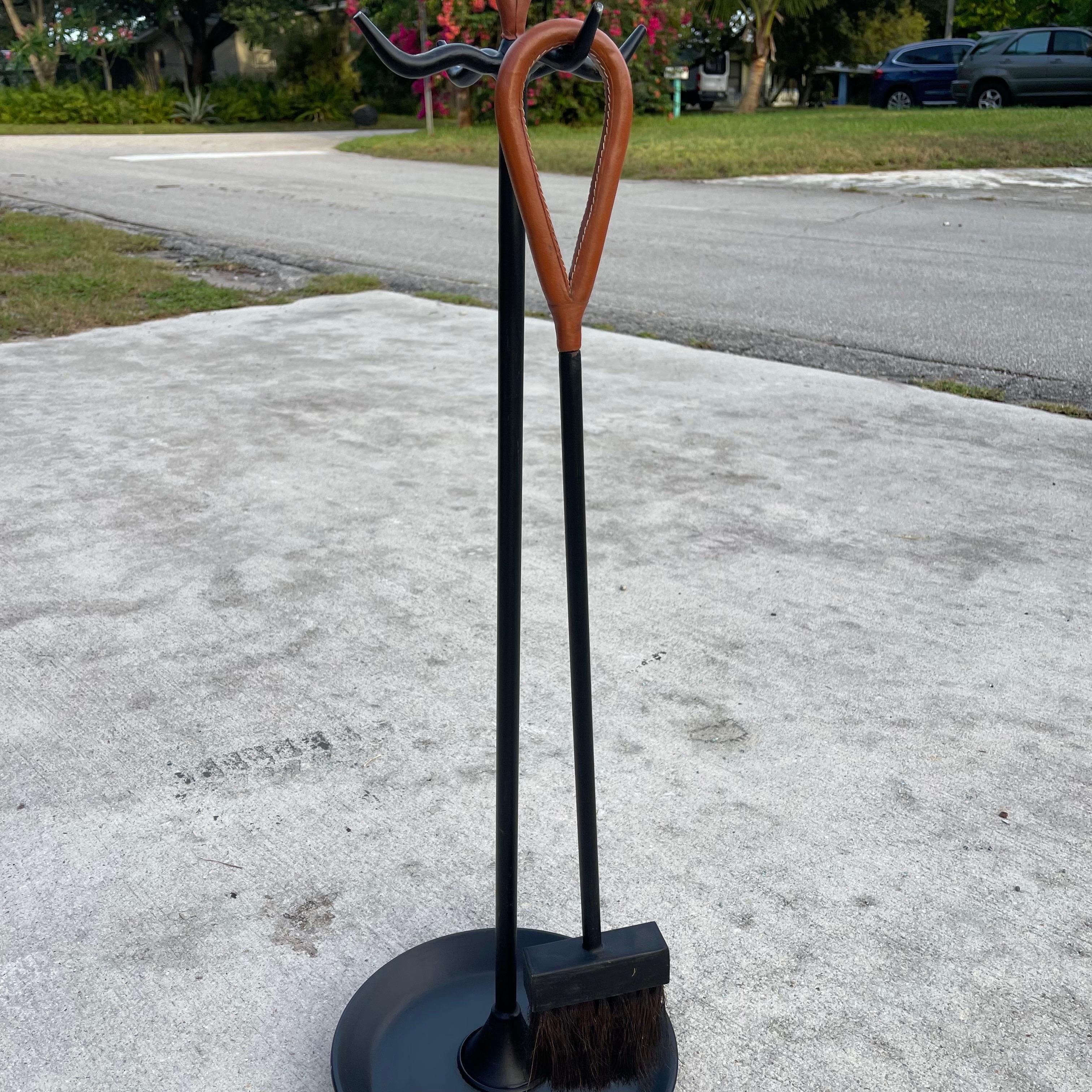 Jacques Adnet Style Leather & Iron Modernist Fireplace Tool Set 4