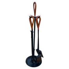 Jacques Adnet Style Leather & Iron Modernist Fireplace Tool Set