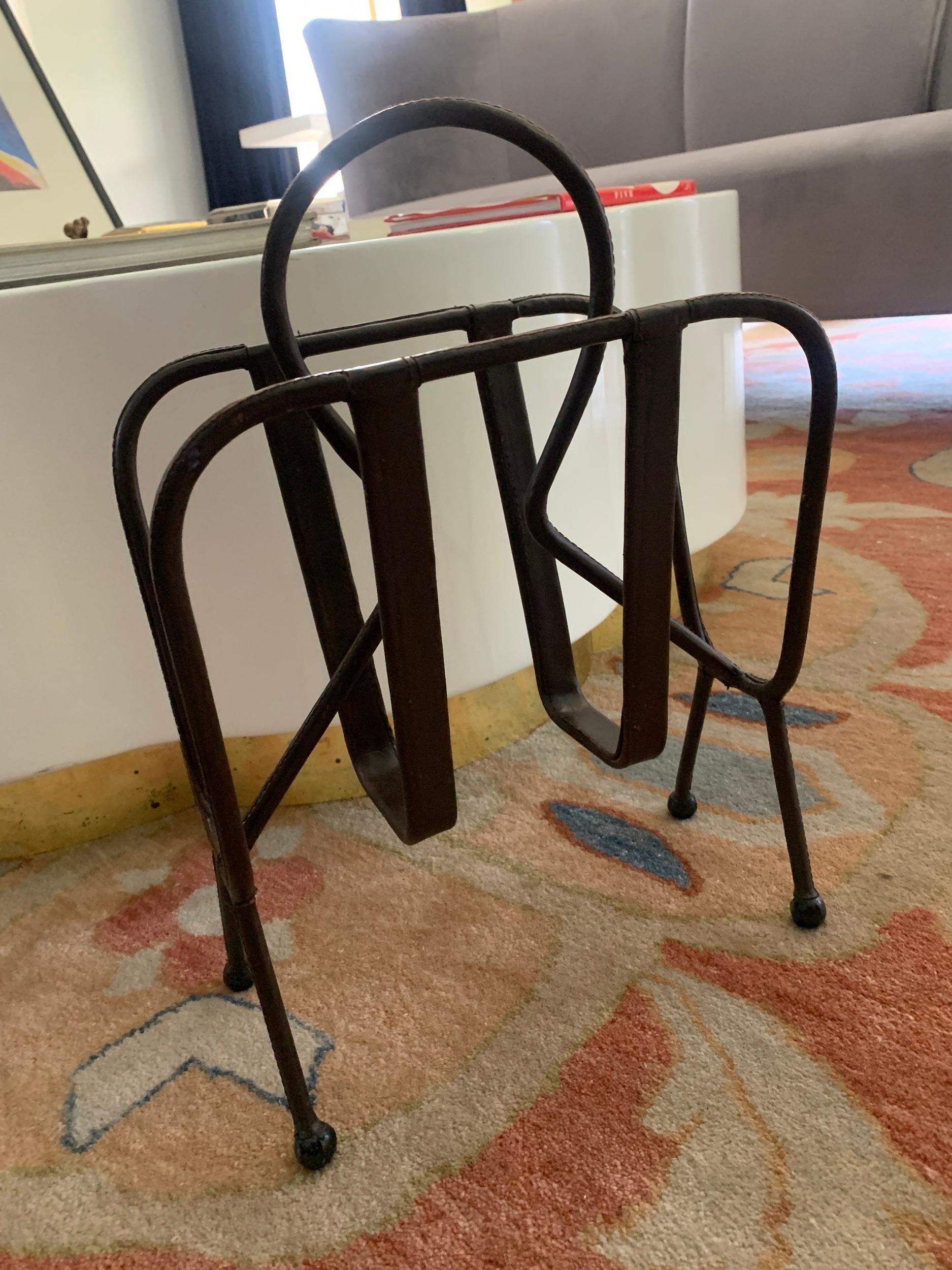 Jacques Adnet Leather Magazine Rack For Sale 2