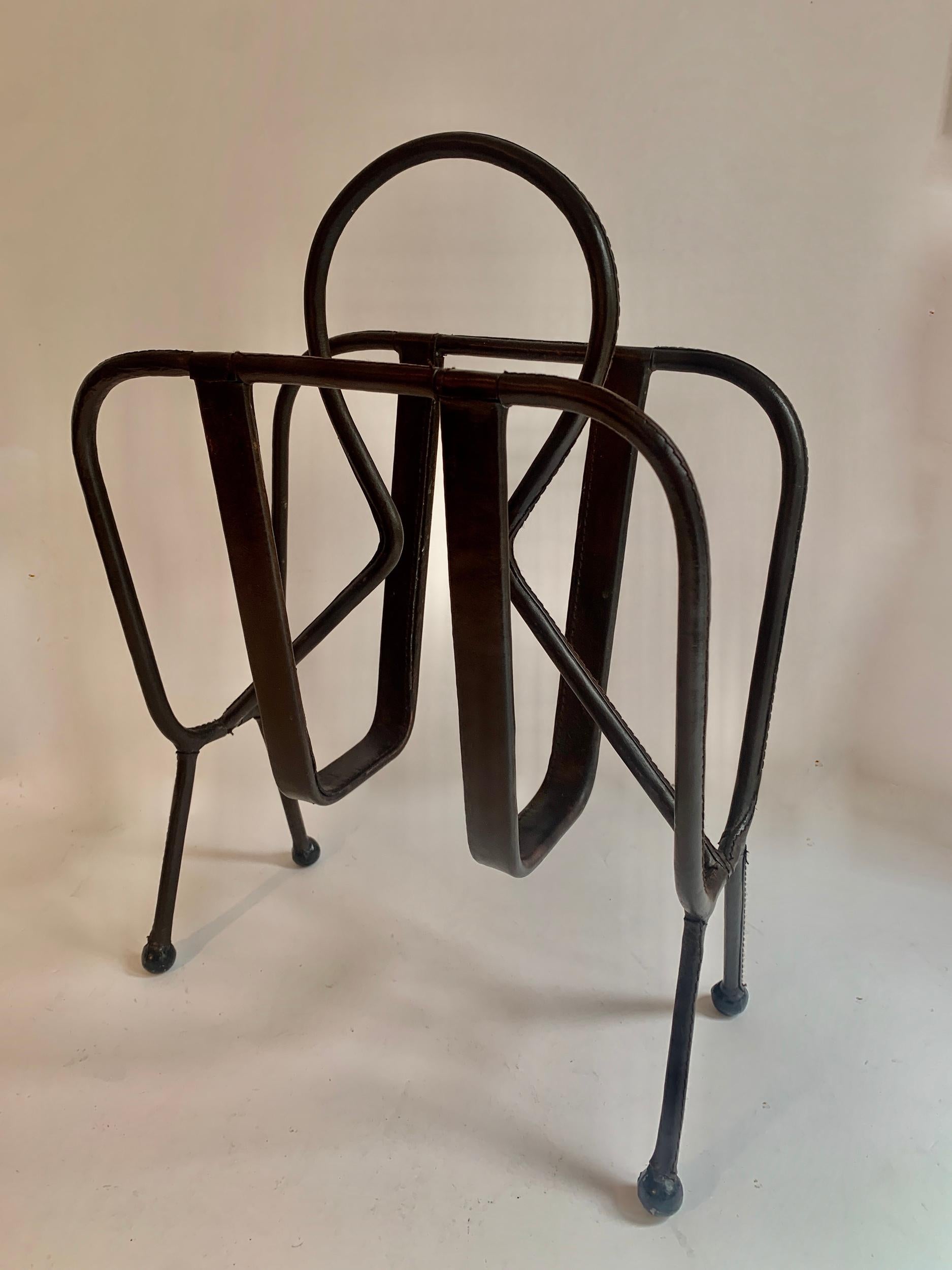 Mid-Century Modern Jacques Adnet Leather Magazine Rack For Sale