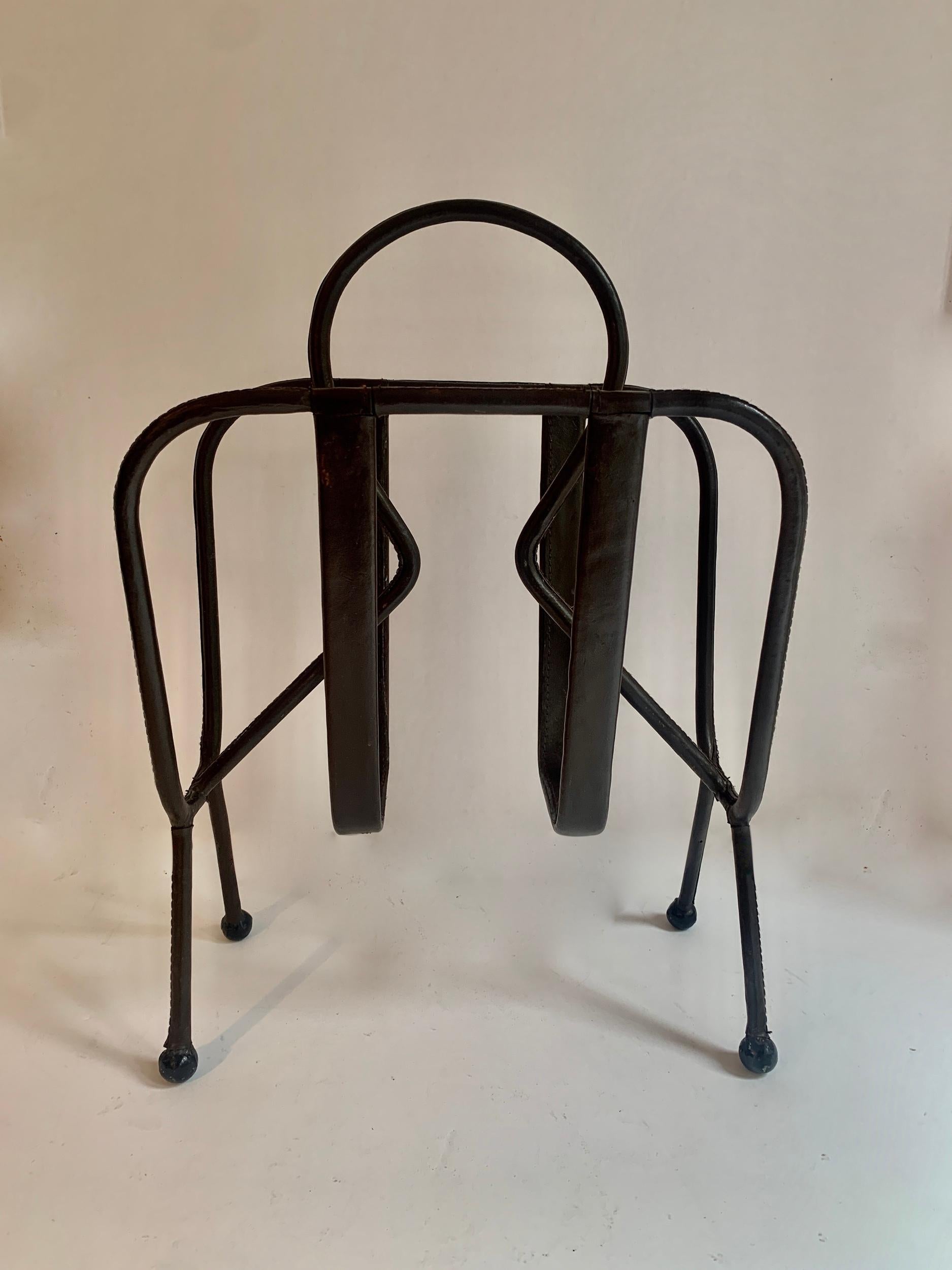 French Jacques Adnet Leather Magazine Rack For Sale