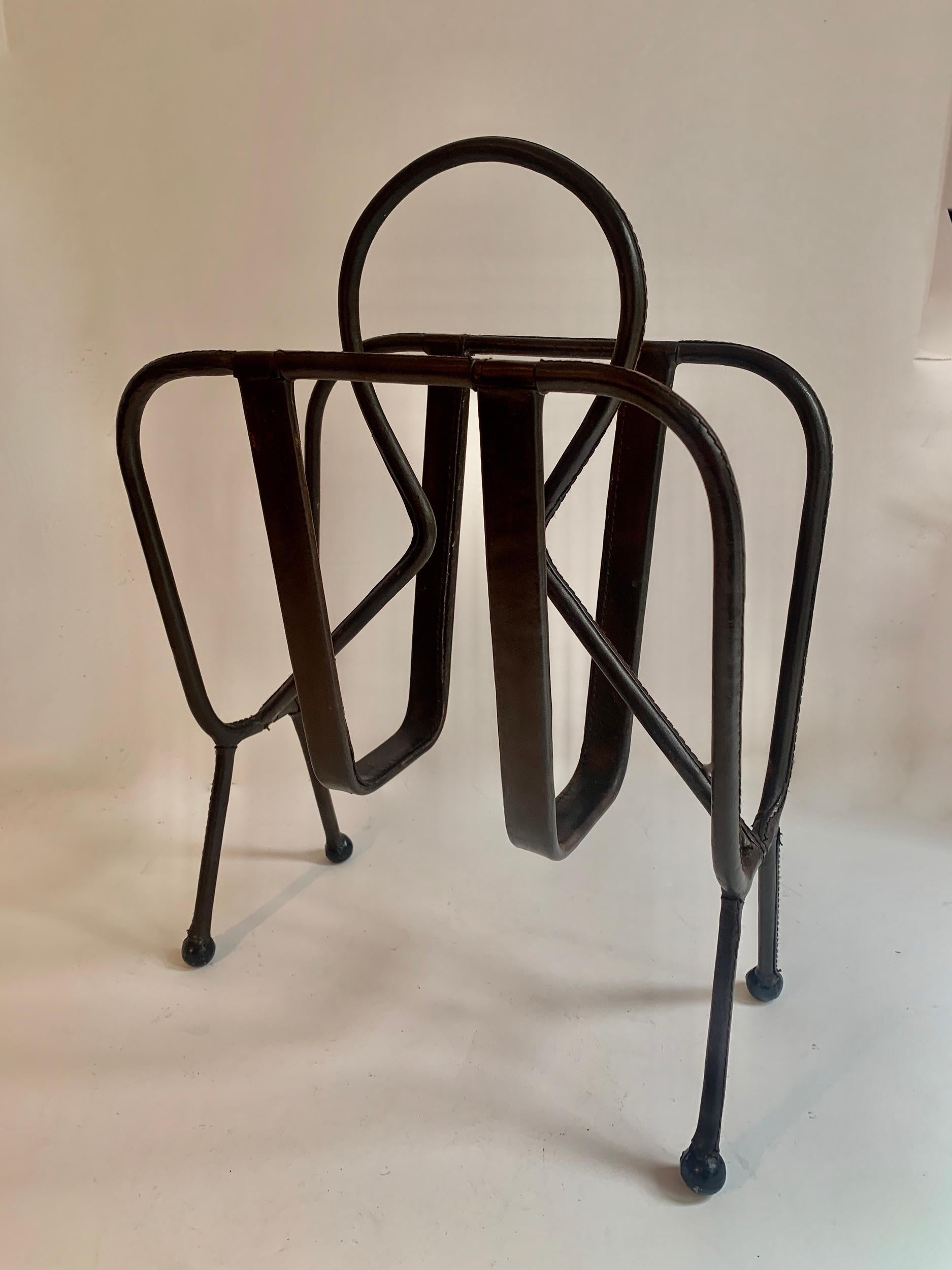 Patinated Jacques Adnet Leather Magazine Rack For Sale