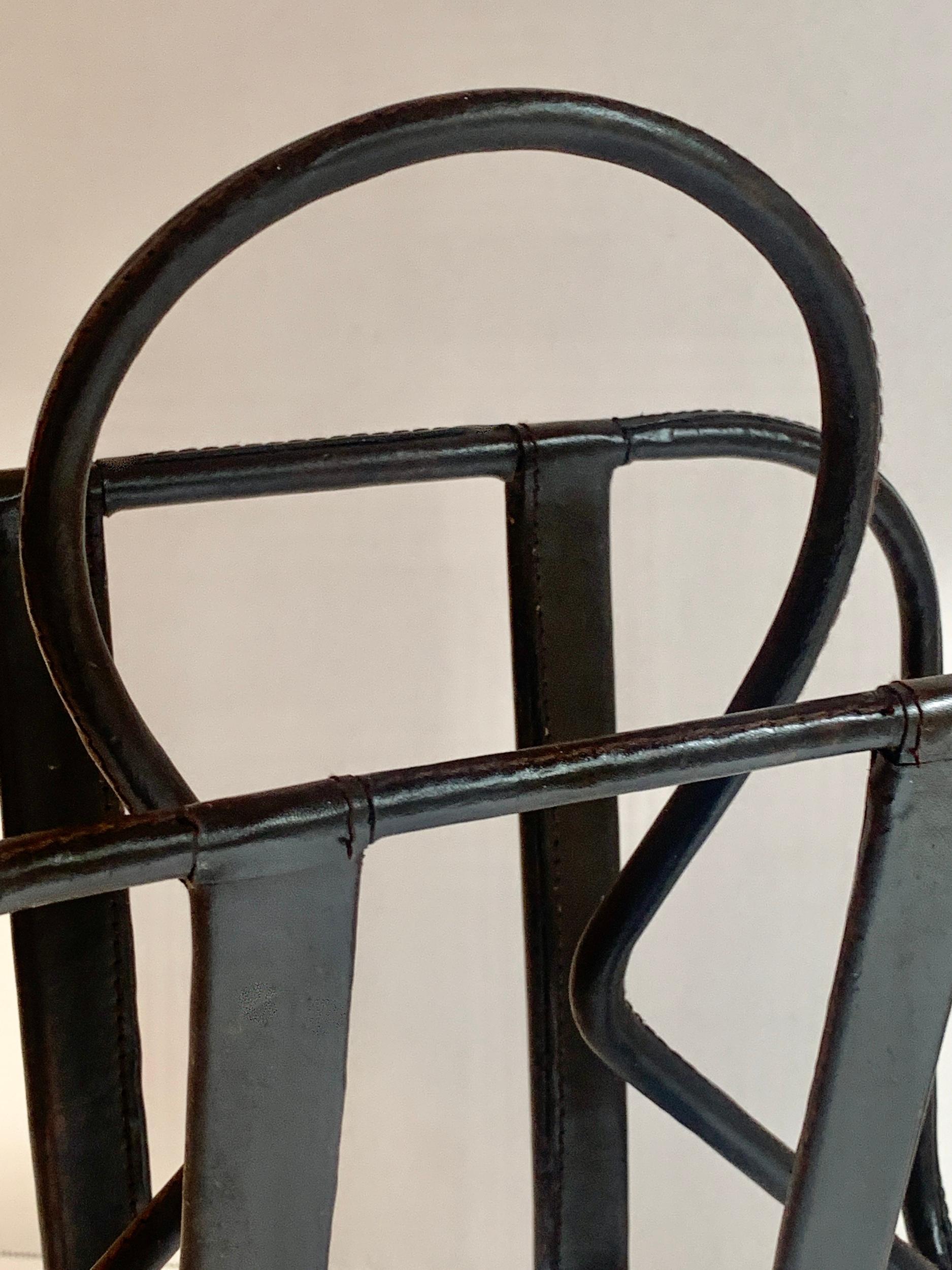 Iron Jacques Adnet Leather Magazine Rack For Sale