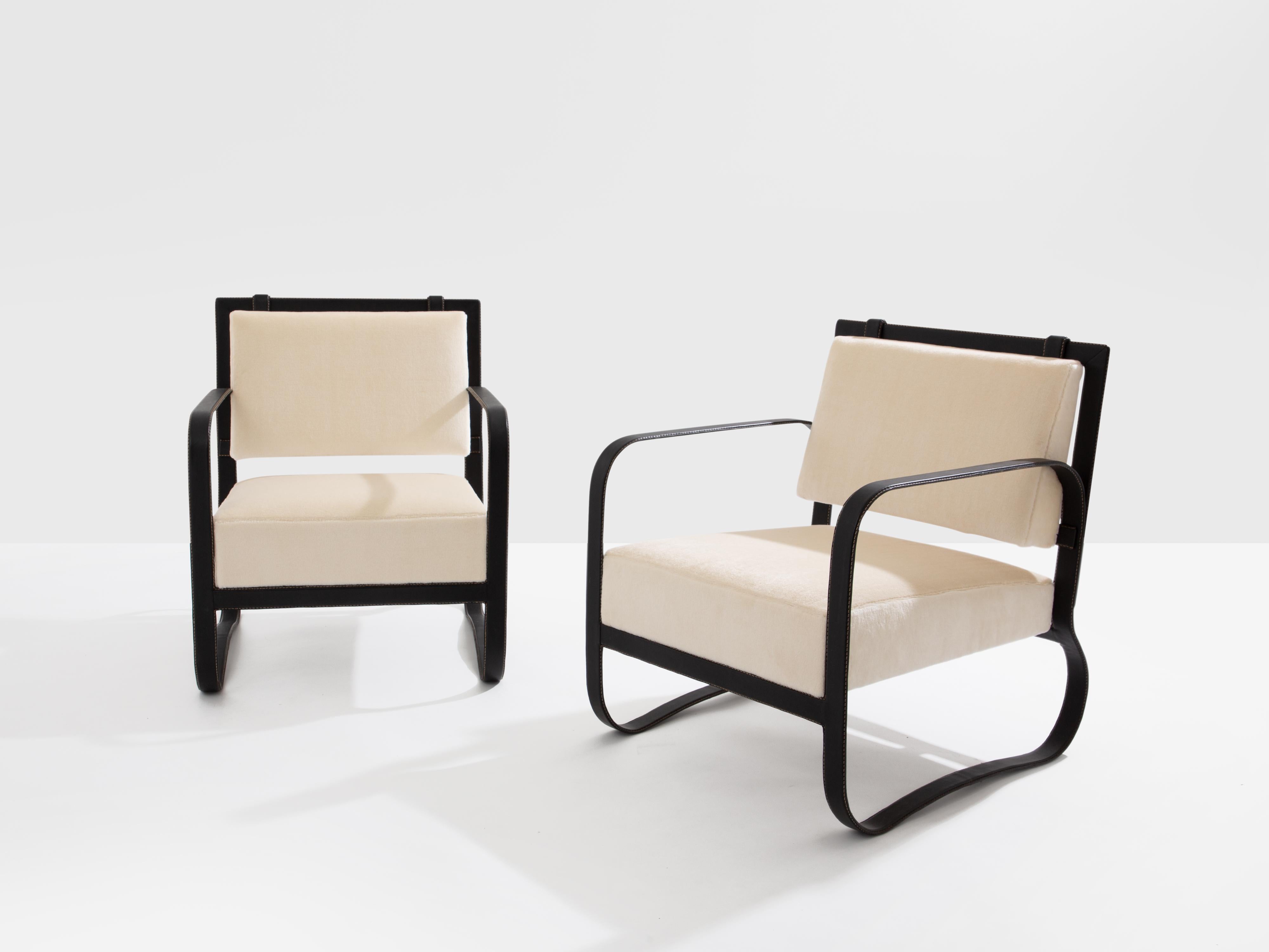Jacques Adnet Sesselpaar aus Leder und Mohair-Samt 1950 im Angebot 7