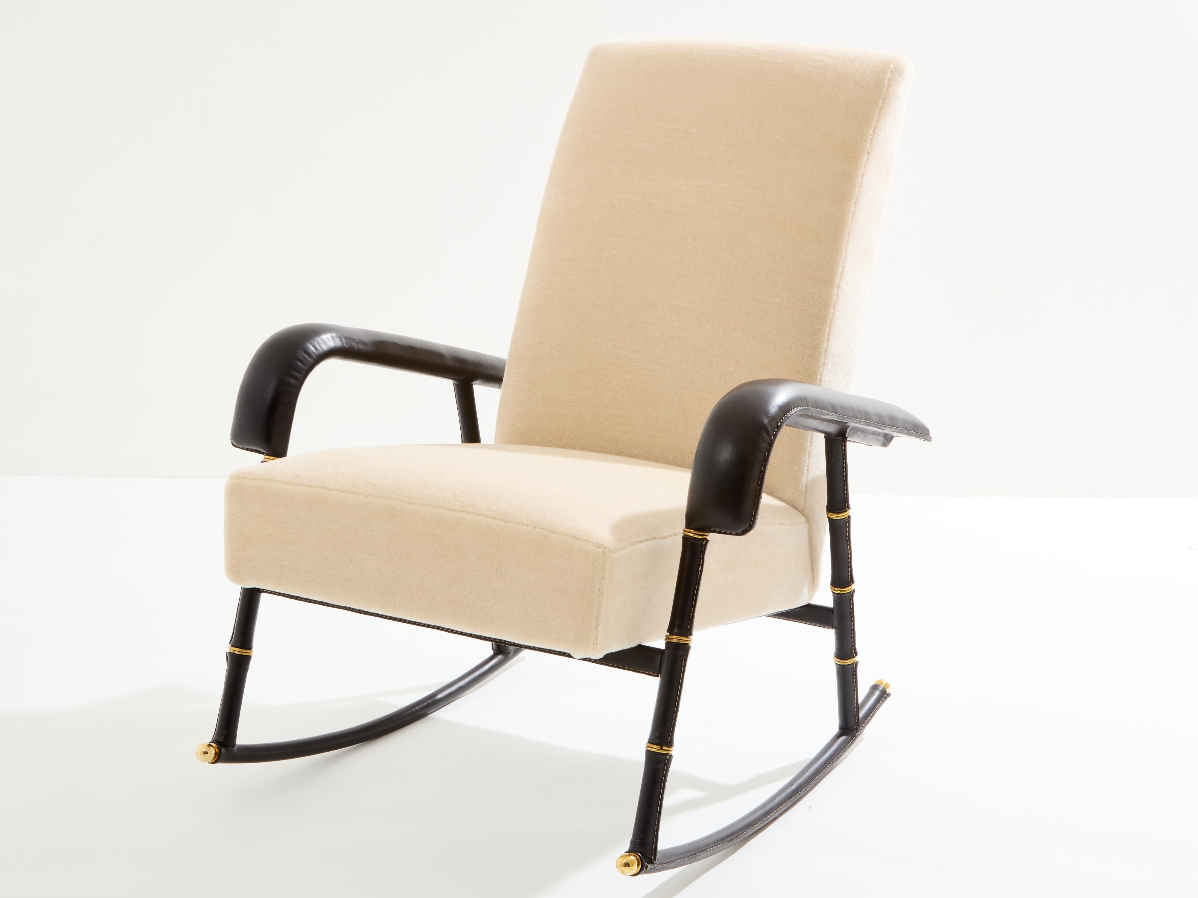 Jacques Adnet leather mohair velvet rocking chair with ottoman 1950 For Sale 5