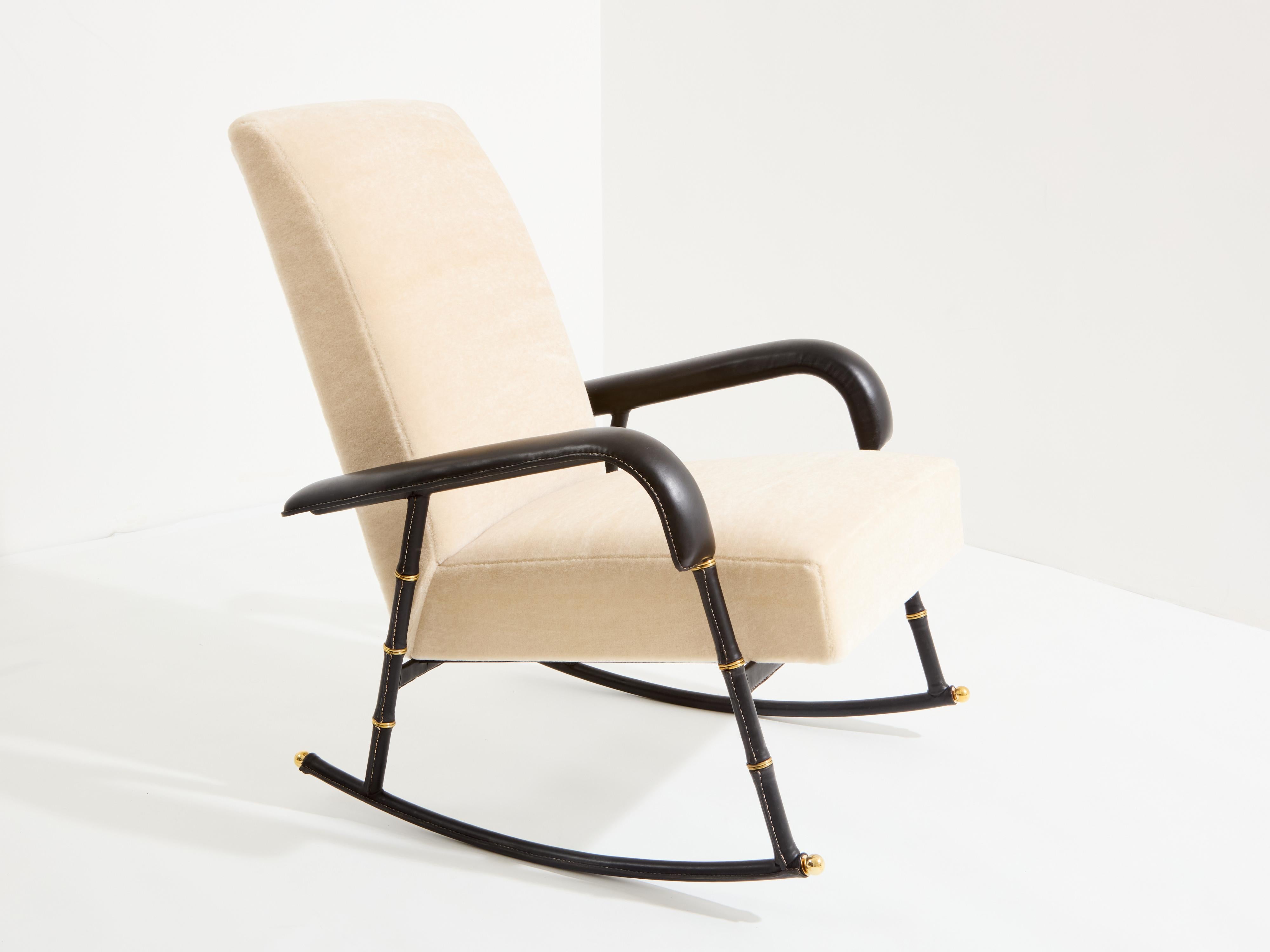 Jacques Adnet leather mohair velvet rocking chair with ottoman 1950 For Sale 6