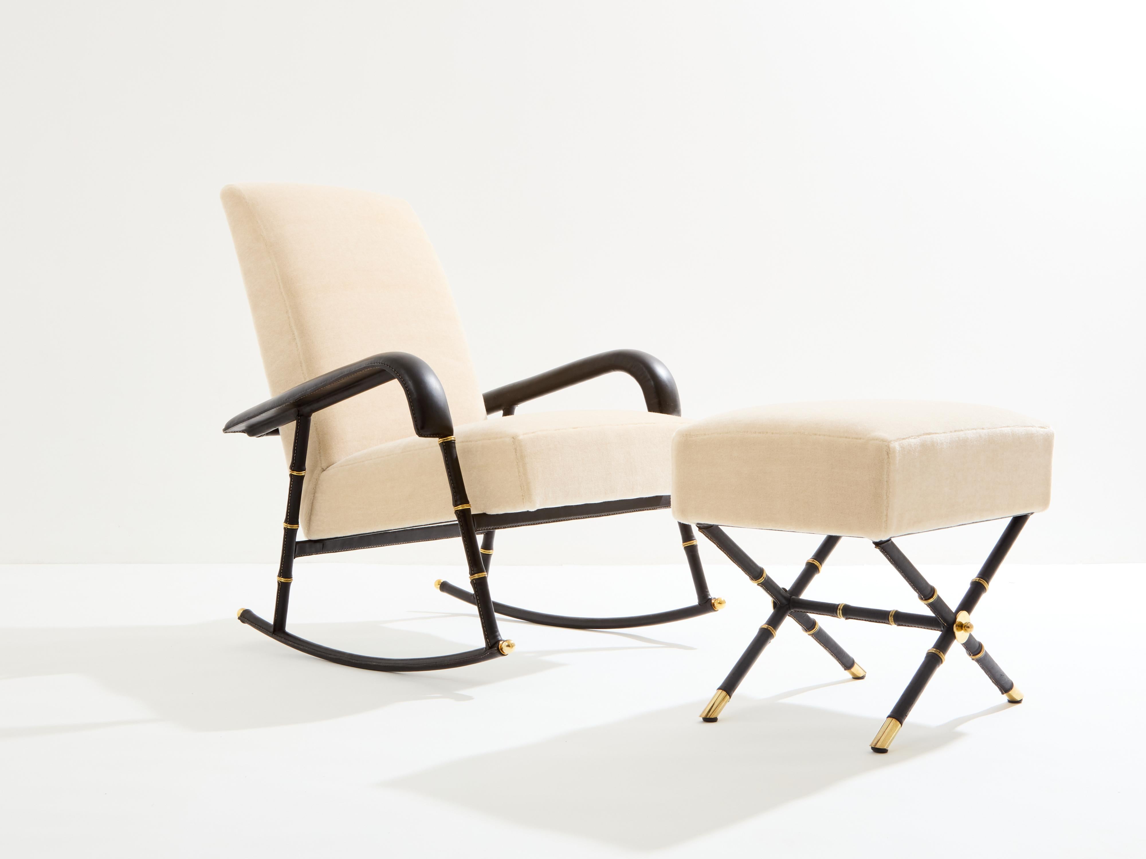 Jacques Adnet leather mohair velvet rocking chair with ottoman 1950 For Sale 8