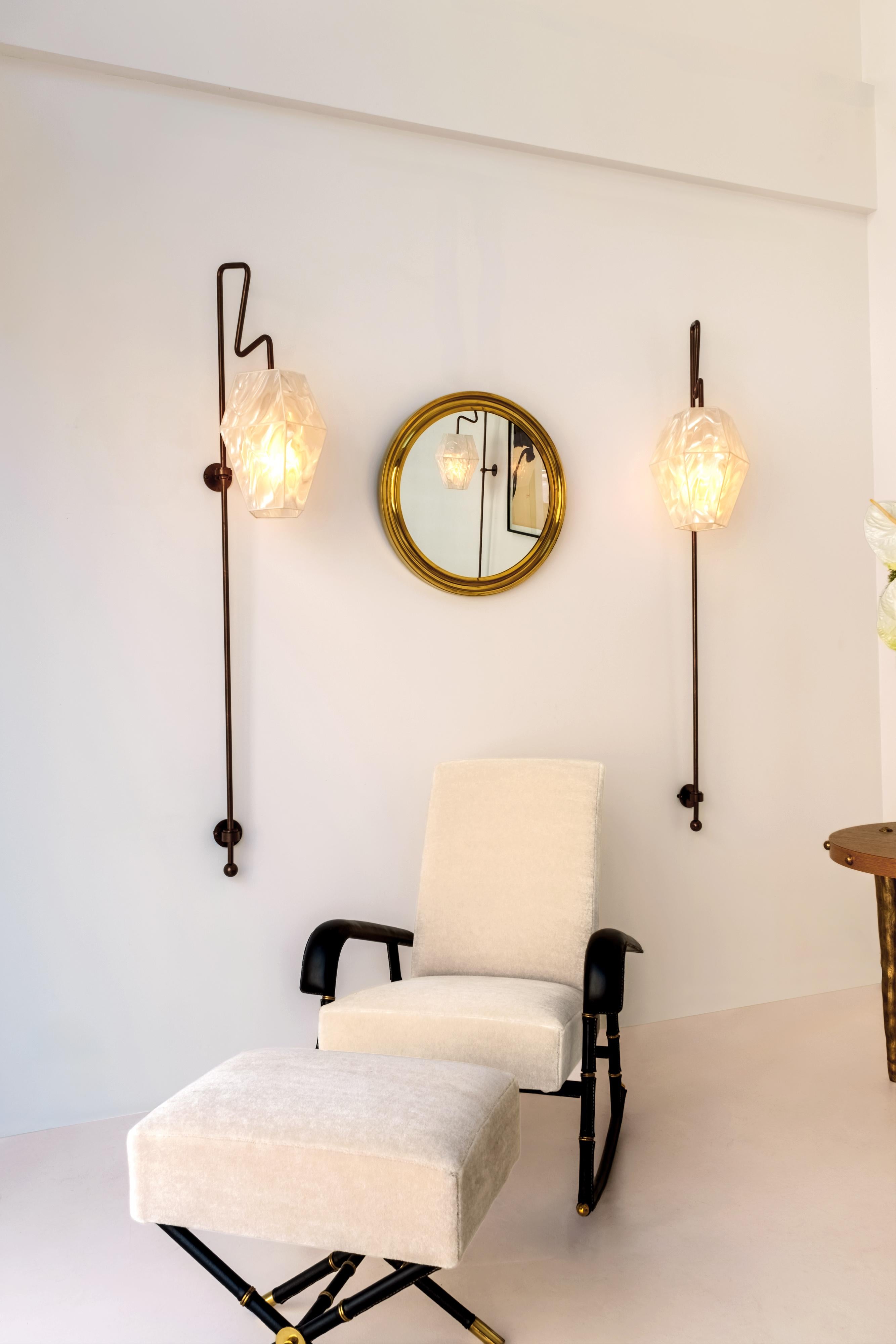 Jacques Adnet sedia a dondolo in pelle e velluto di mohair con pouf 1950 in vendita 9