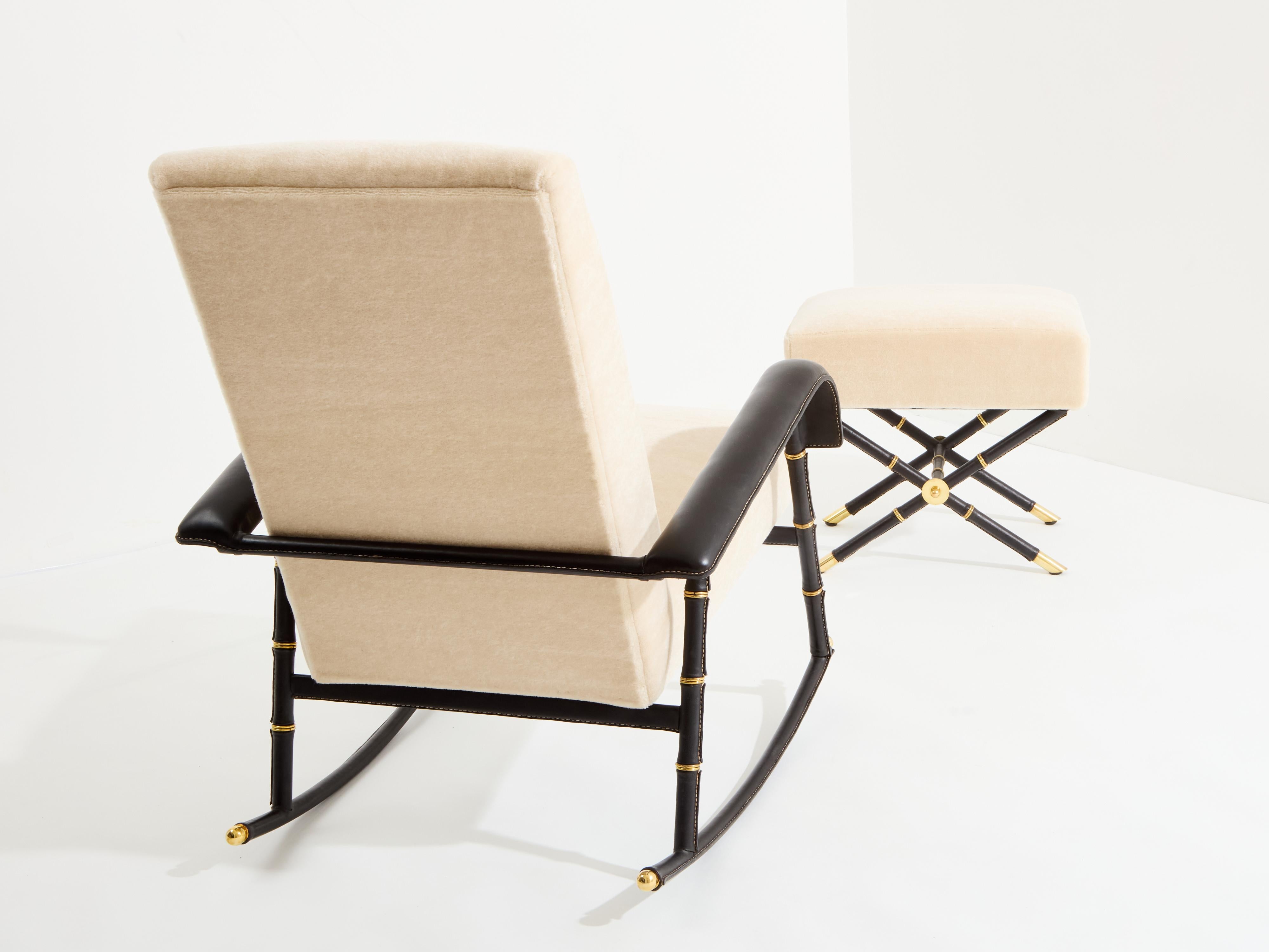 French Jacques Adnet leather mohair velvet rocking chair with ottoman 1950 For Sale