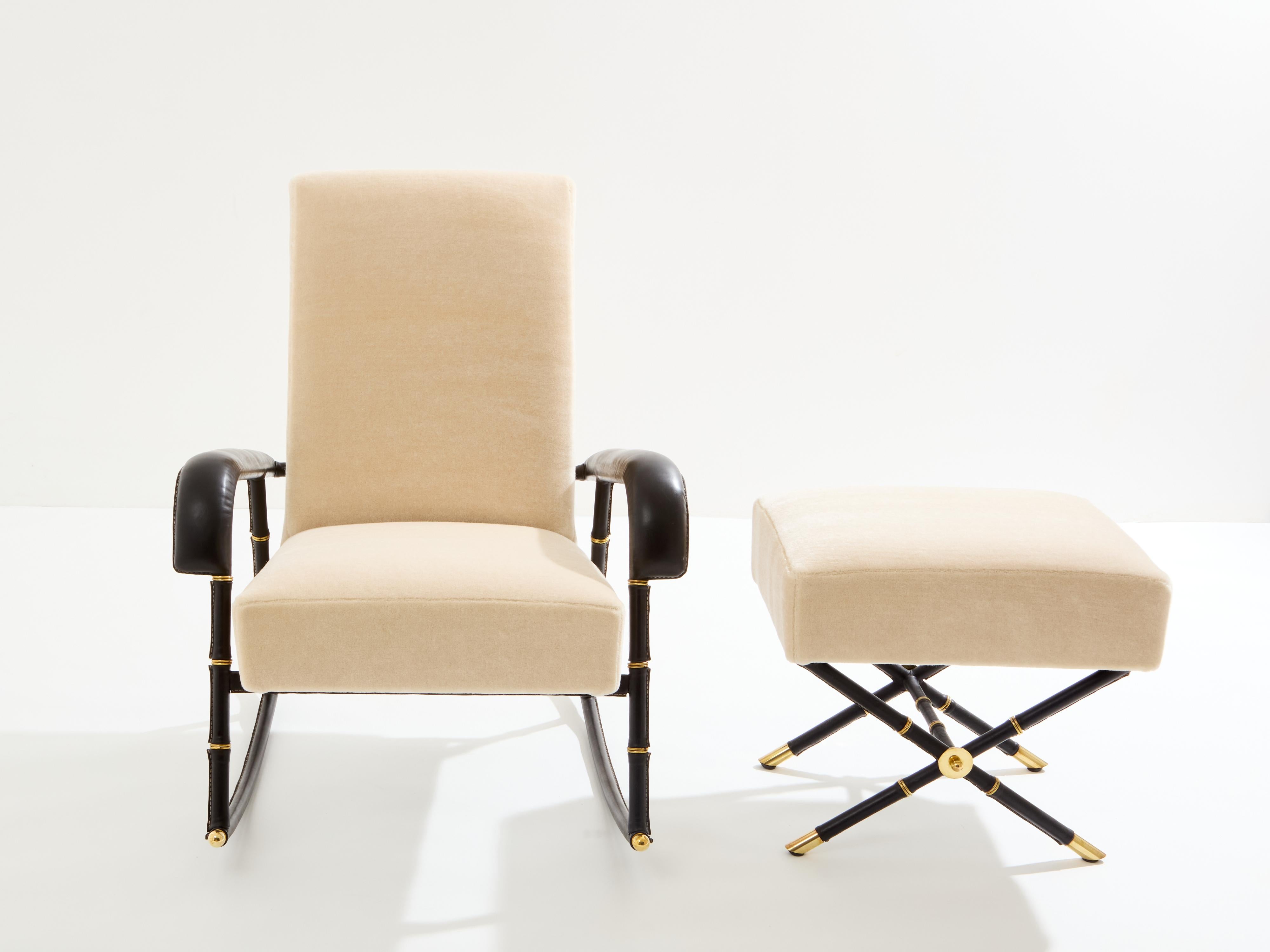 Jacques Adnet leather mohair velvet rocking chair with ottoman 1950 In Good Condition For Sale In Paris, IDF