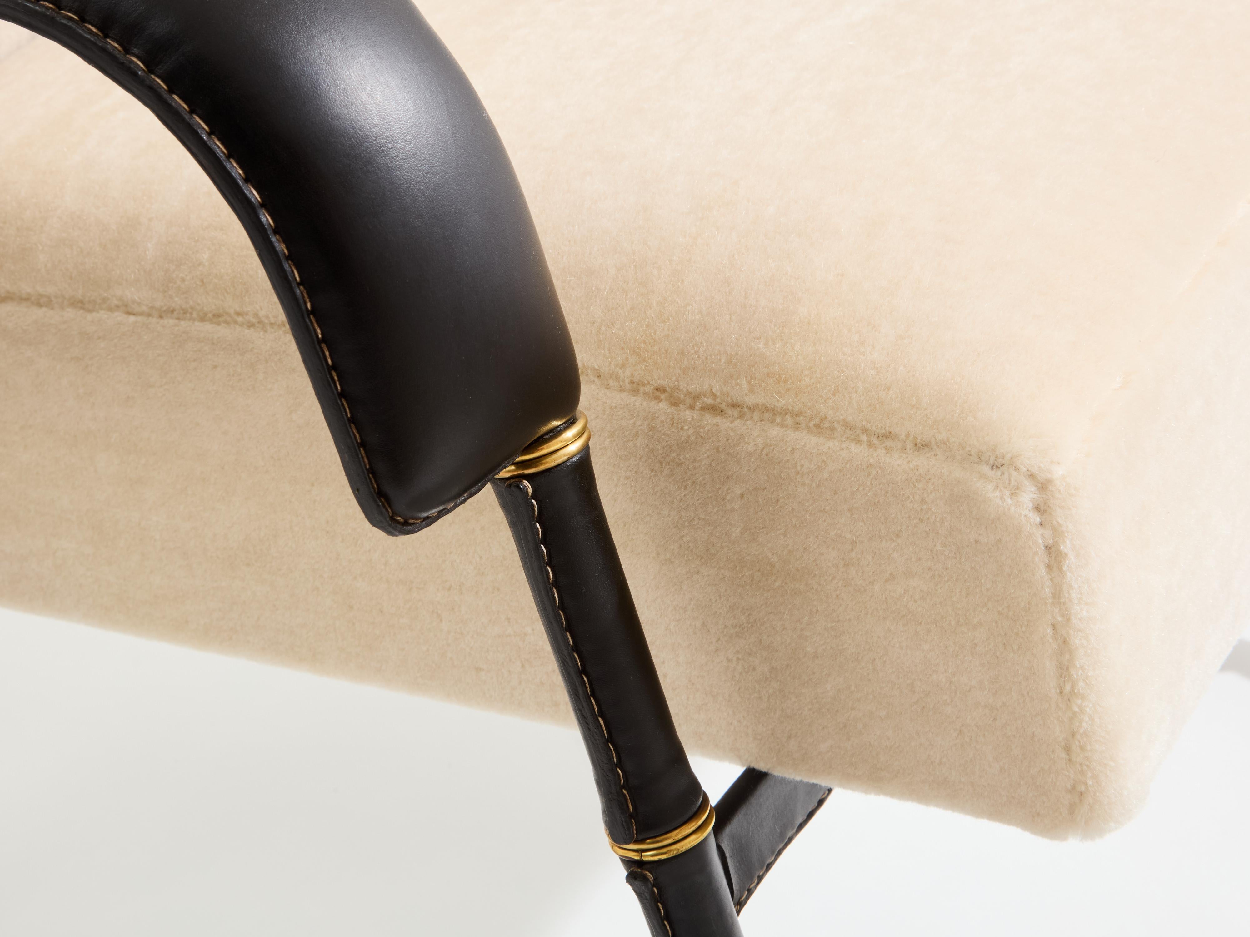 Mid-20th Century Jacques Adnet leather mohair velvet rocking chair with ottoman 1950 For Sale