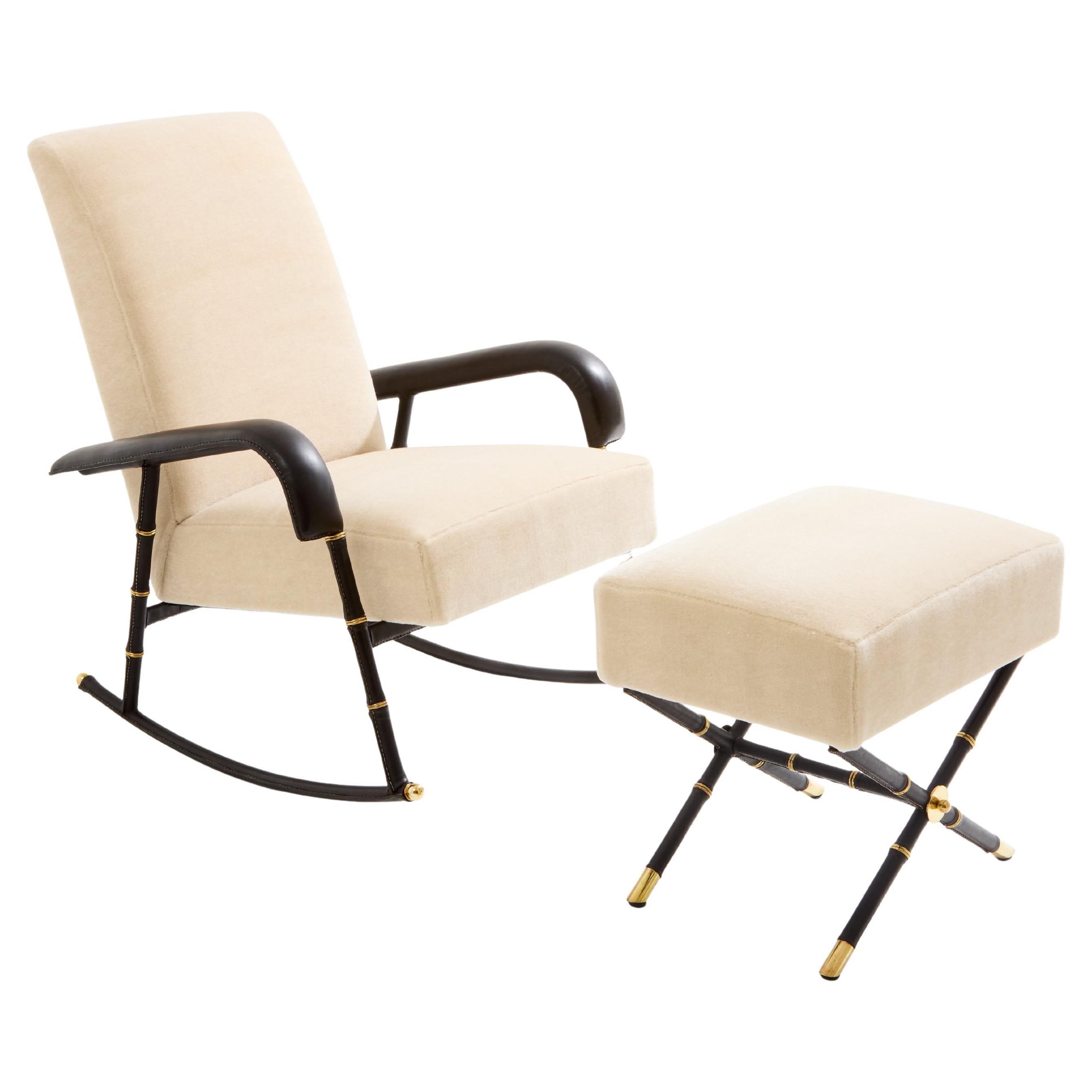 Jacques Adnet leather mohair velvet rocking chair with ottoman 1950