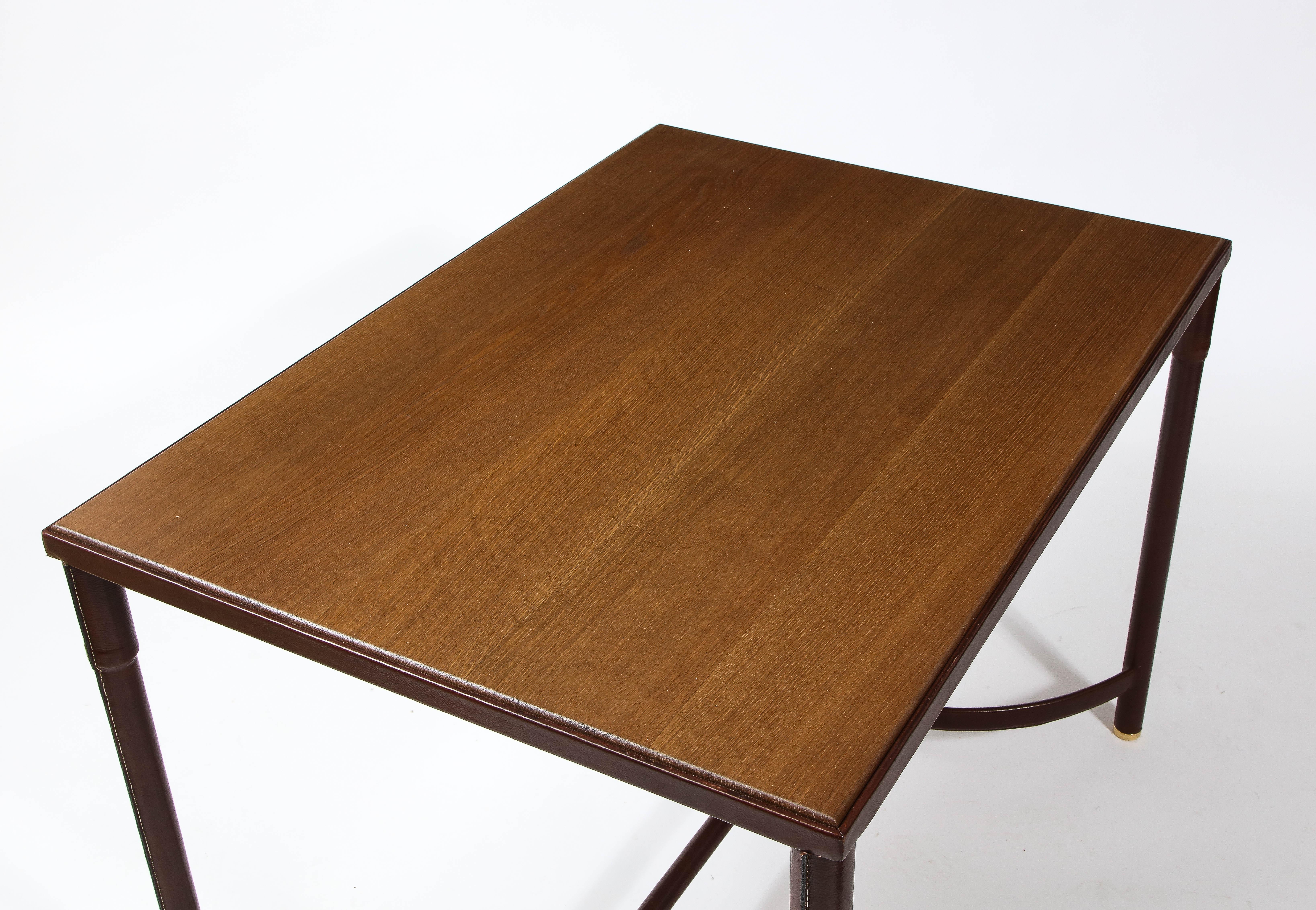 Jacques Adnet Leather, Oak & Brass Table, France 1950's For Sale 4
