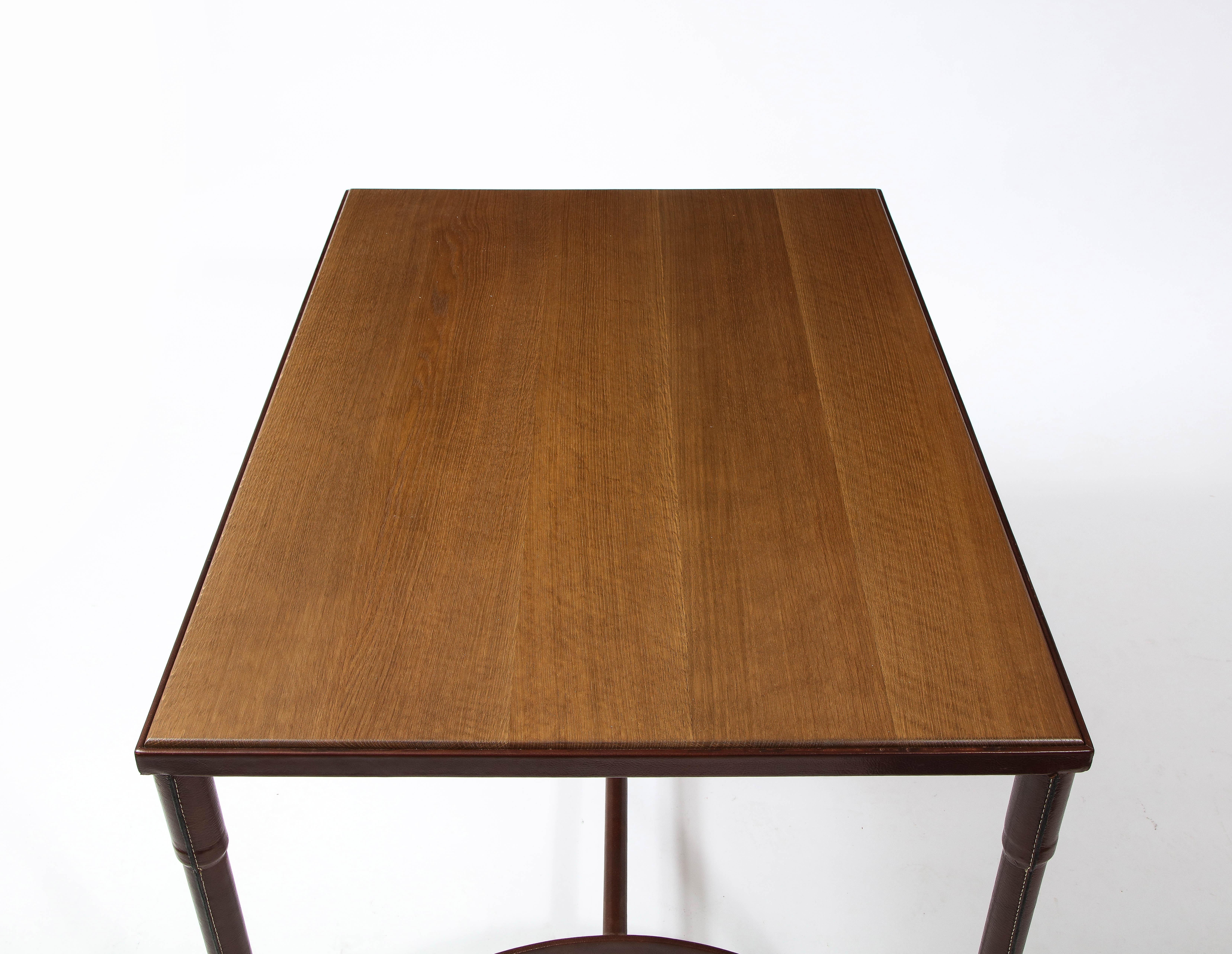 Jacques Adnet Leather, Oak & Brass Table, France 1950's For Sale 5