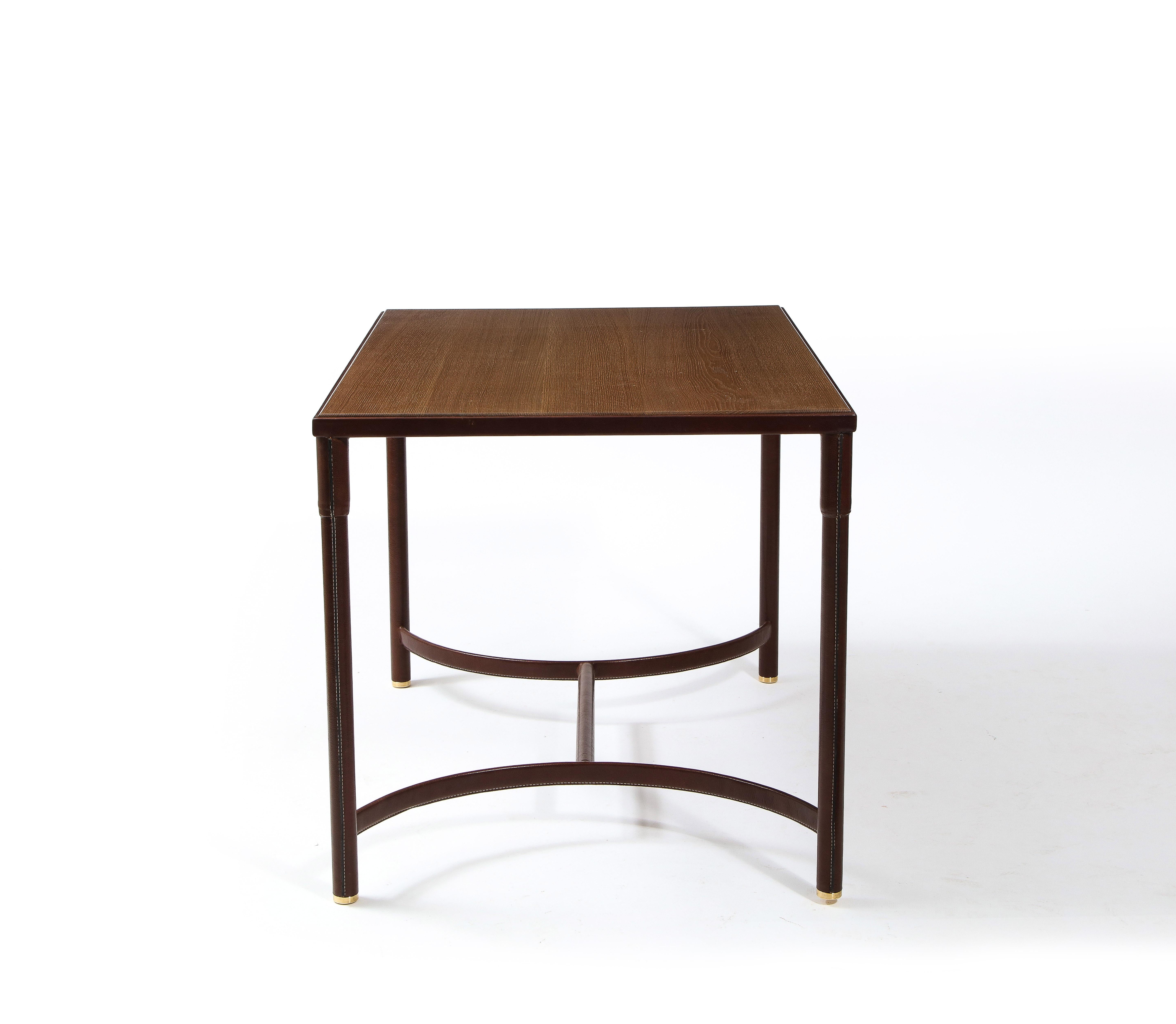 Jacques Adnet Leather, Oak & Brass Table, France 1950's For Sale 9