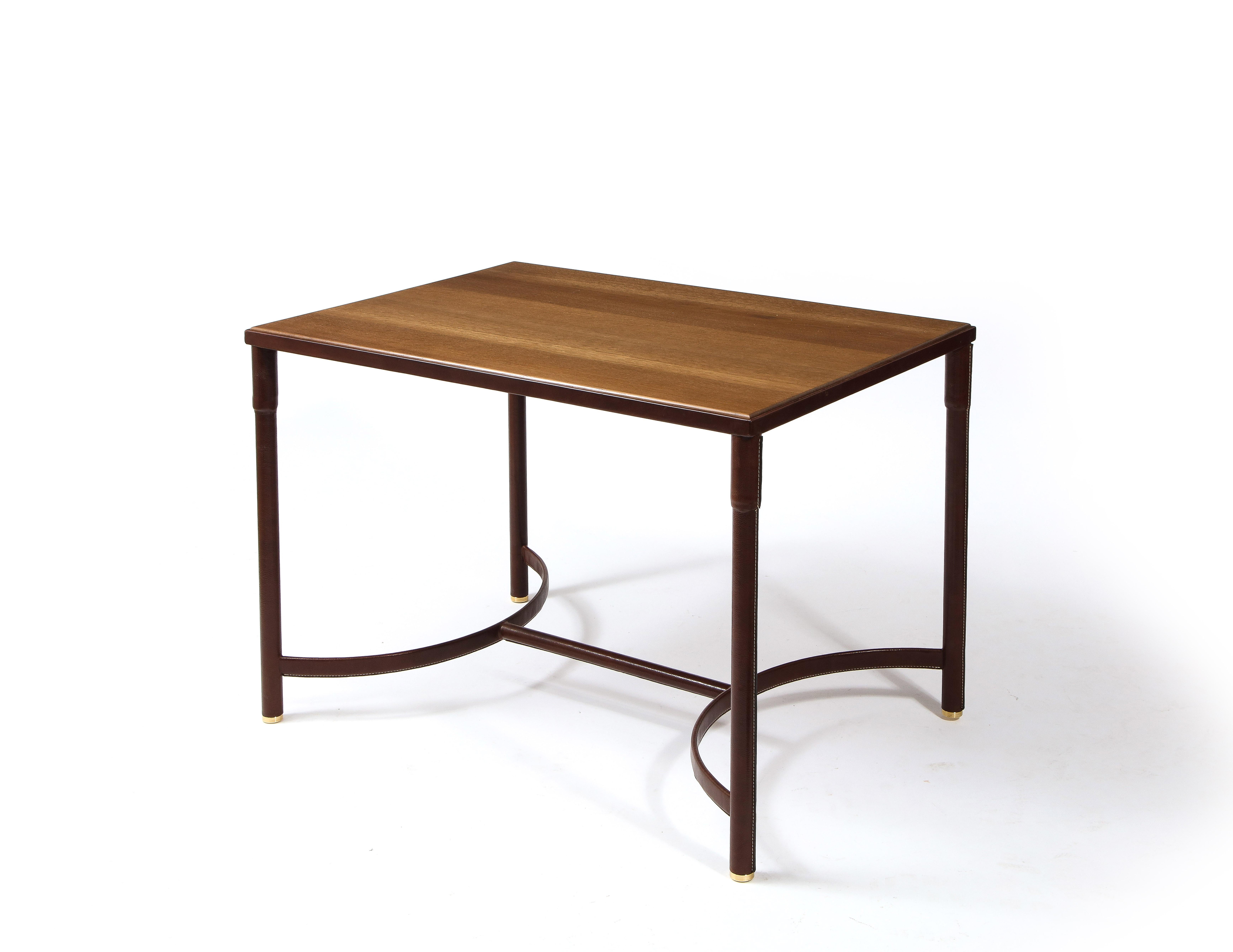 Mid-Century Modern Jacques Adnet Leather, Oak & Brass Table, France 1950's For Sale
