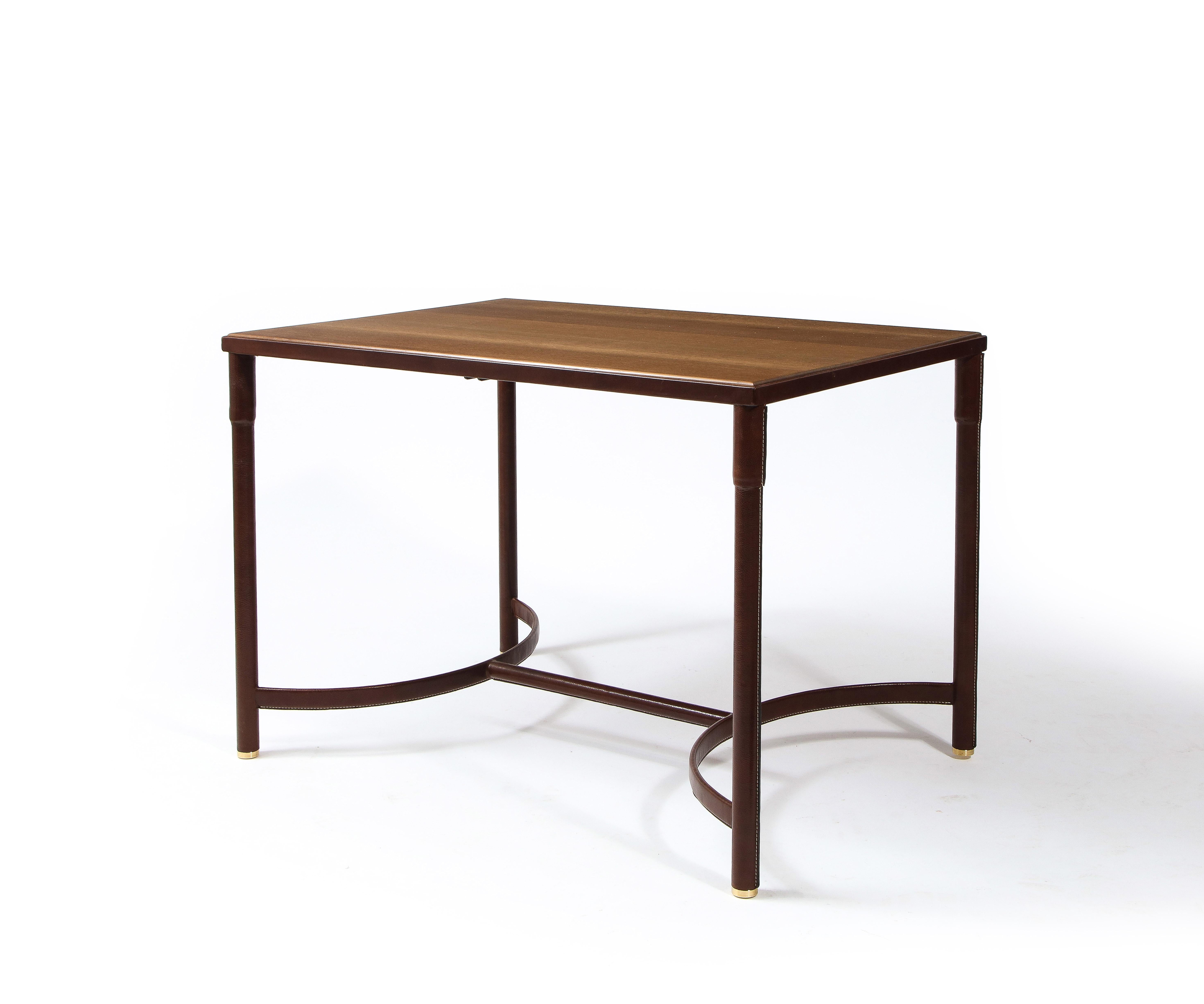 French Jacques Adnet Leather, Oak & Brass Table, France 1950's For Sale