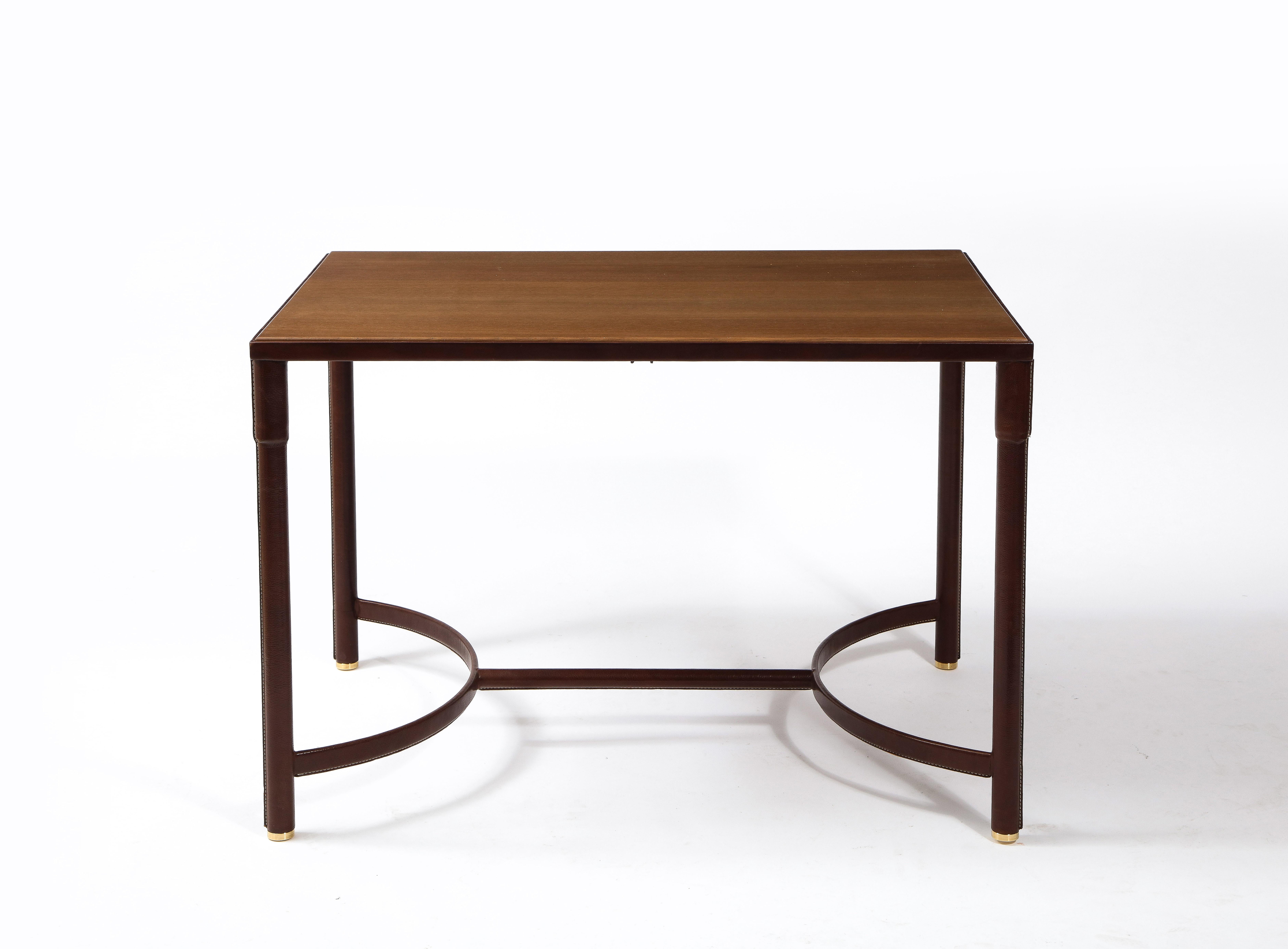 Jacques Adnet Leather, Oak & Brass Table, France 1950's For Sale 1