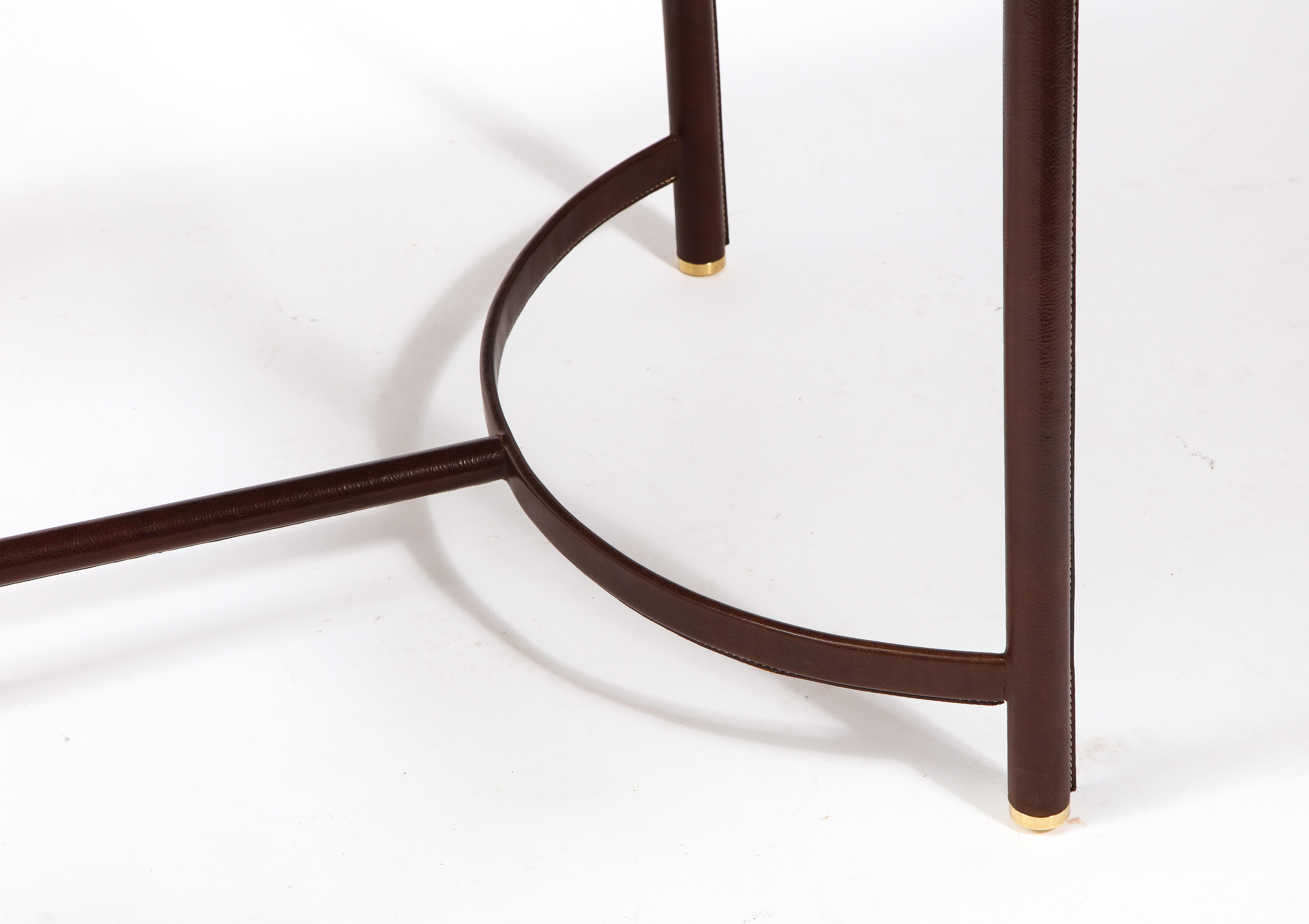 Jacques Adnet Leather, Oak & Brass Table, France 1950's For Sale 2