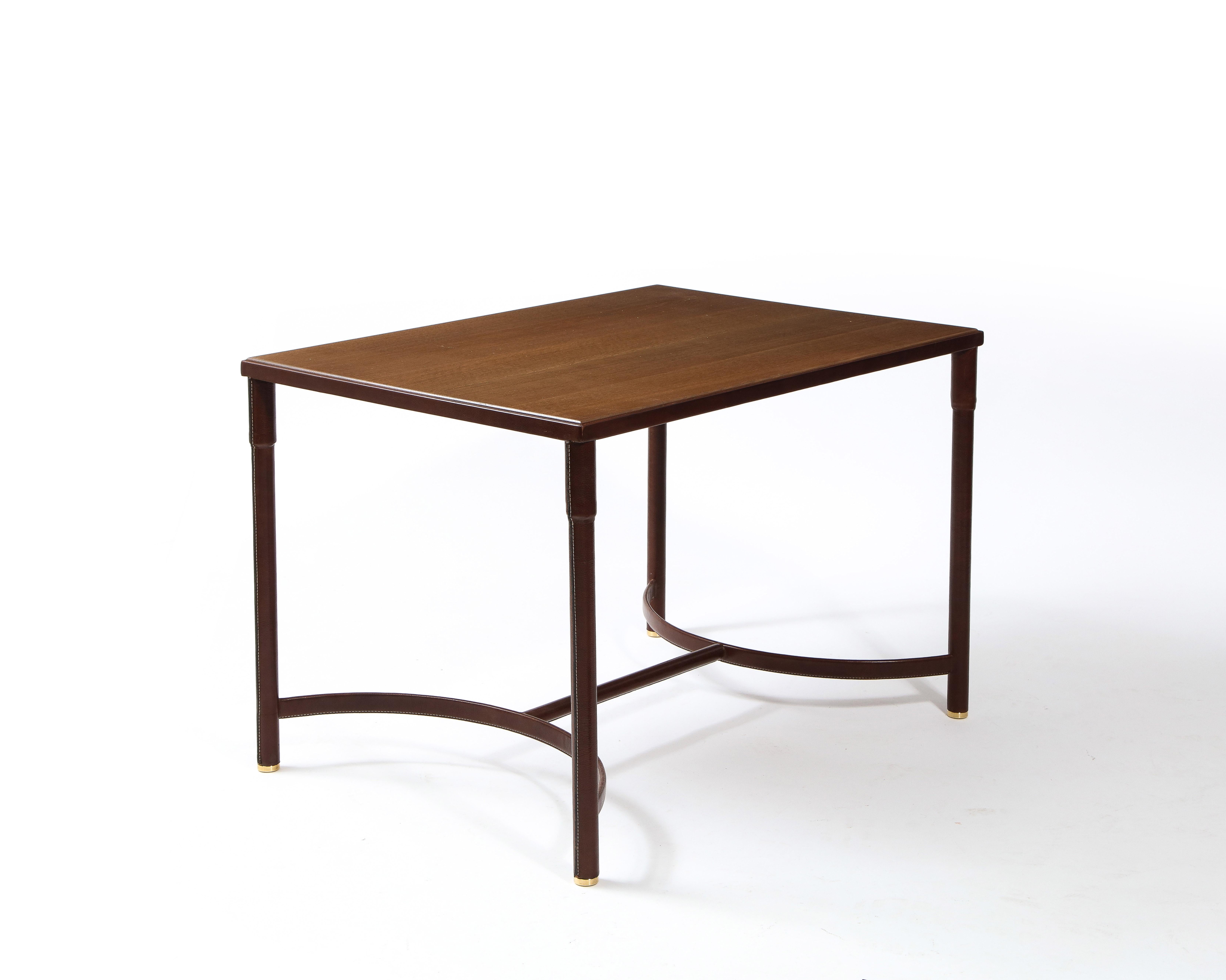 Jacques Adnet Leather, Oak & Brass Table, France 1950's For Sale 3