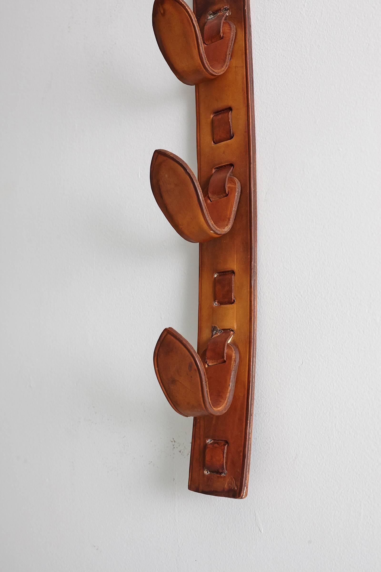 French Jacques Adnet Leather Set of Three Wall Hooks
