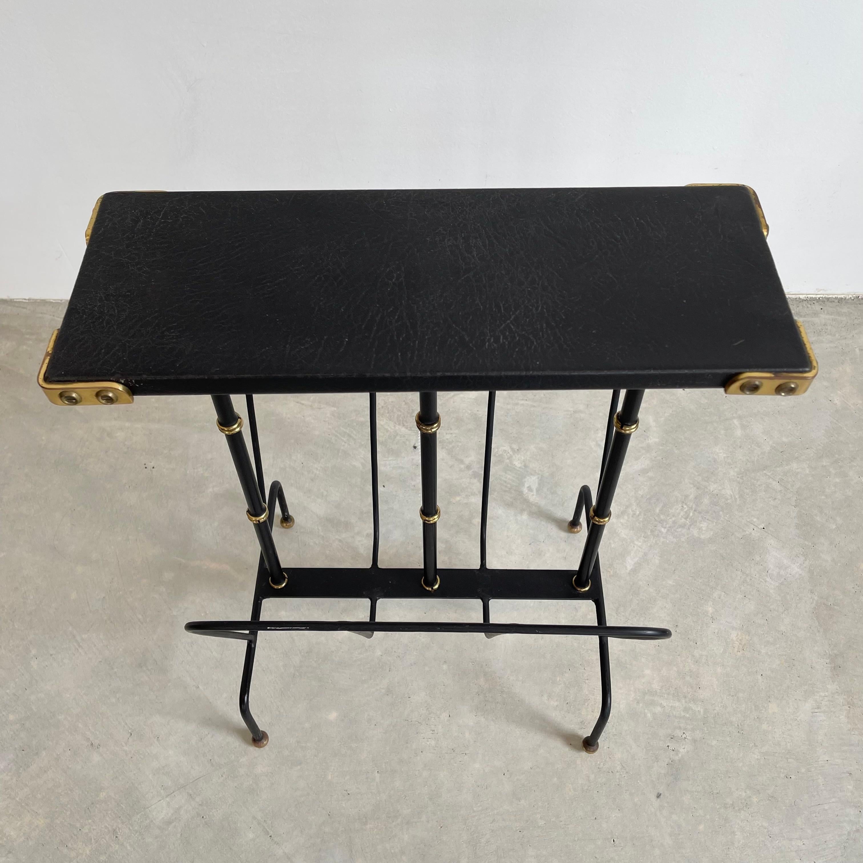 French Jacques Adnet Leather Side Table and Magazine Rack, 1950s
