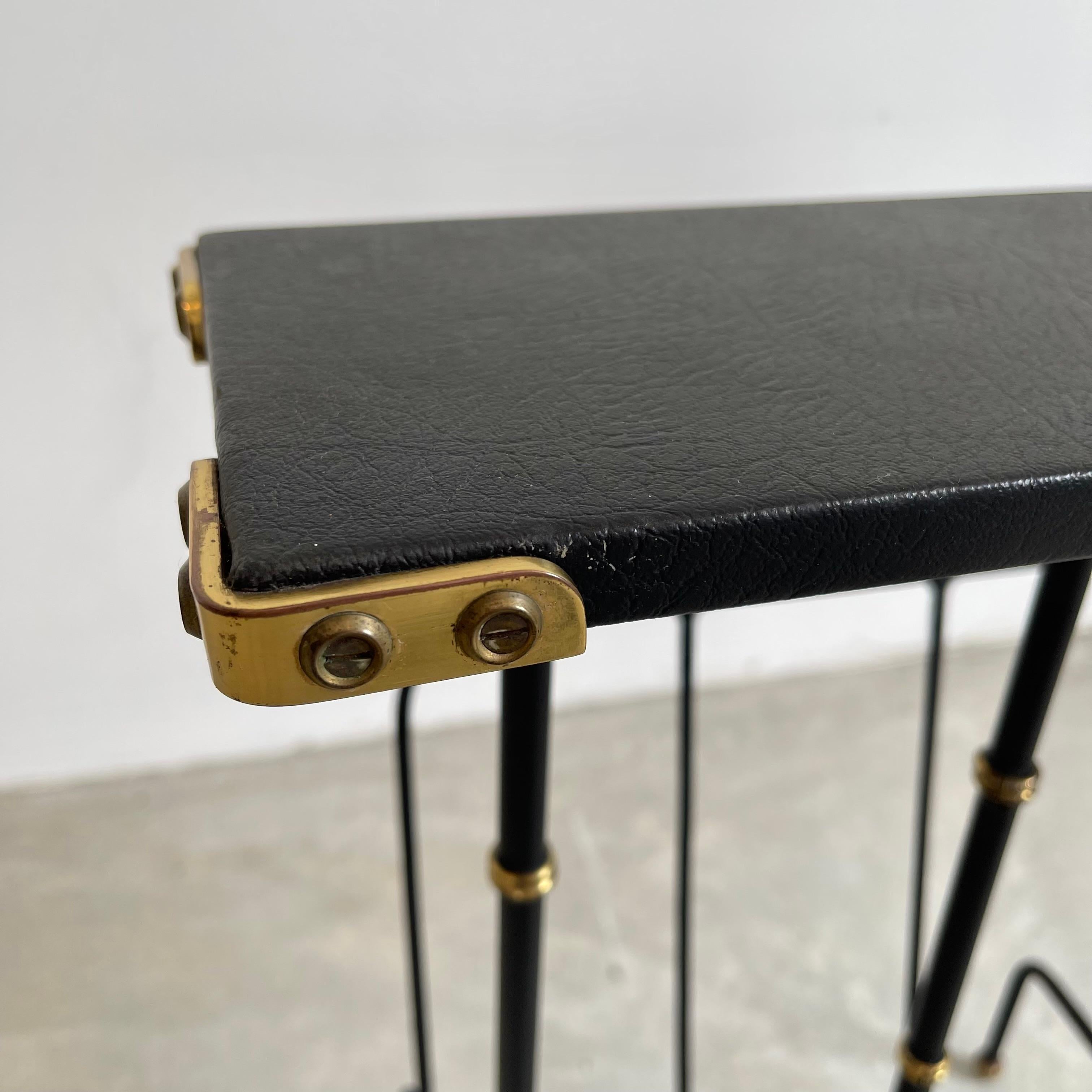 Brass Jacques Adnet Leather Side Table and Magazine Rack, 1950s