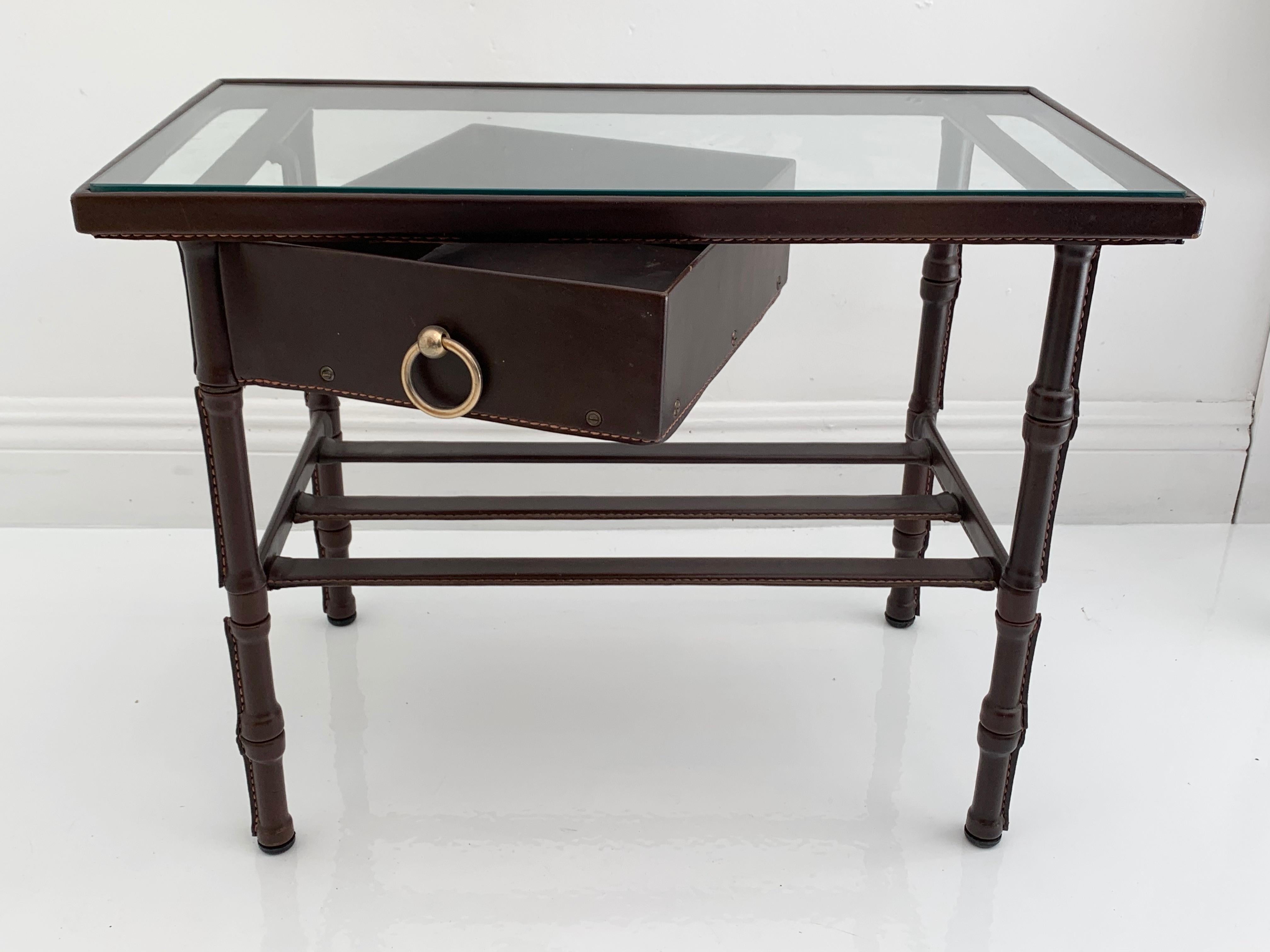 French Jacques Adnet Leather Side Table