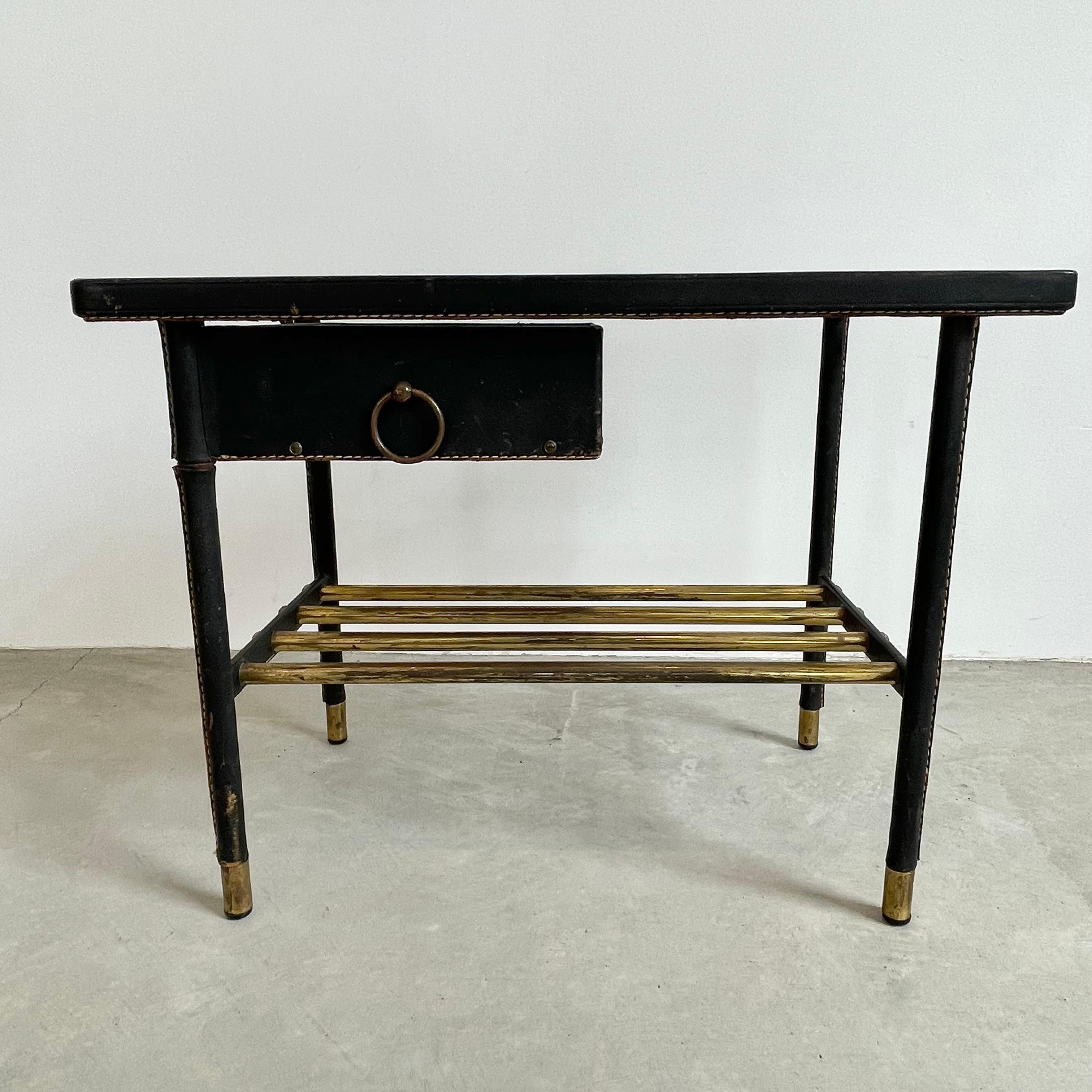 Art Deco Jacques Adnet Leather Side Table with Drawer, 1950s For Sale