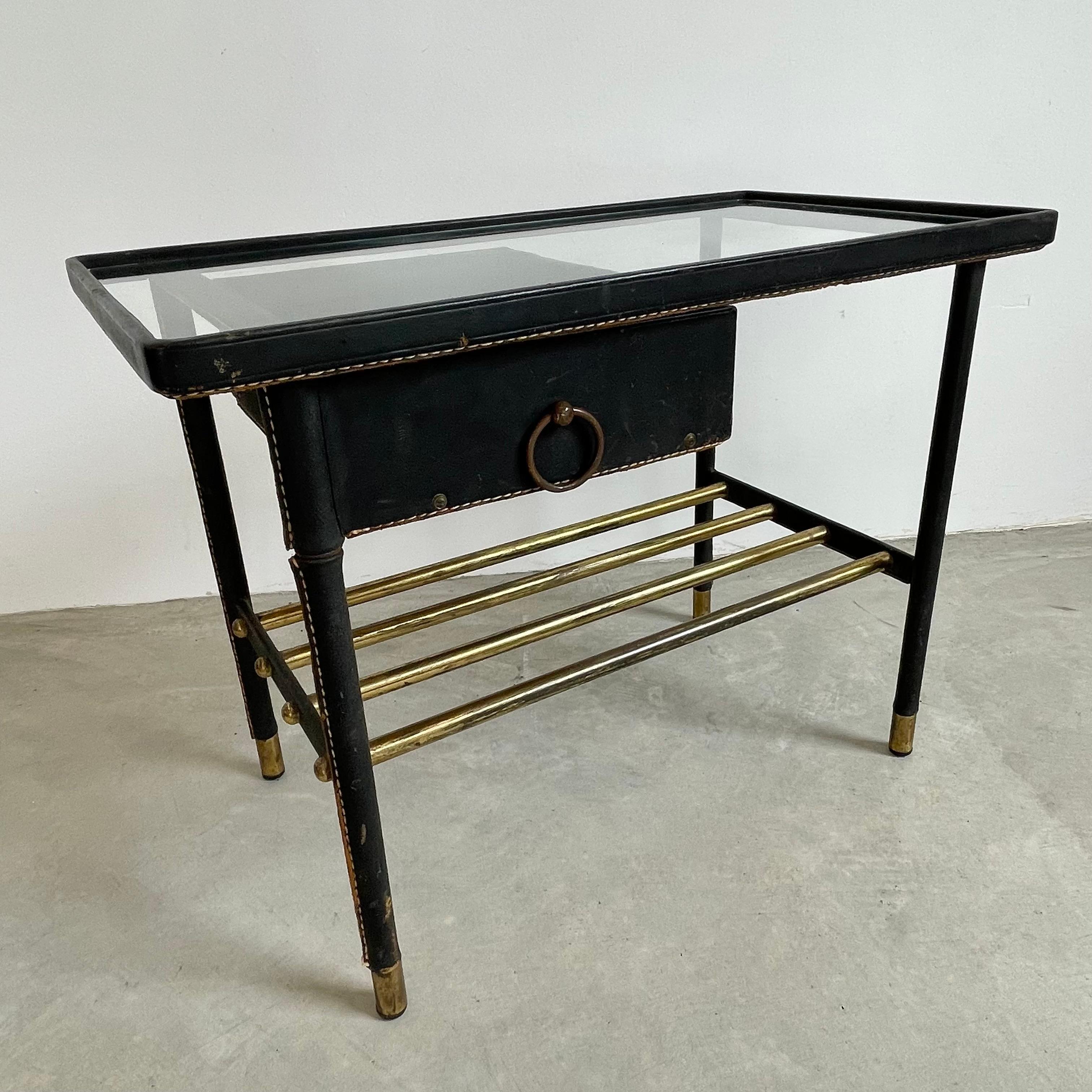 Brass Jacques Adnet Leather Side Table with Drawer, 1950s For Sale