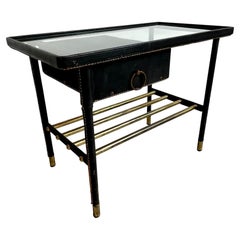 Retro Jacques Adnet Leather Side Table with Drawer, 1950s