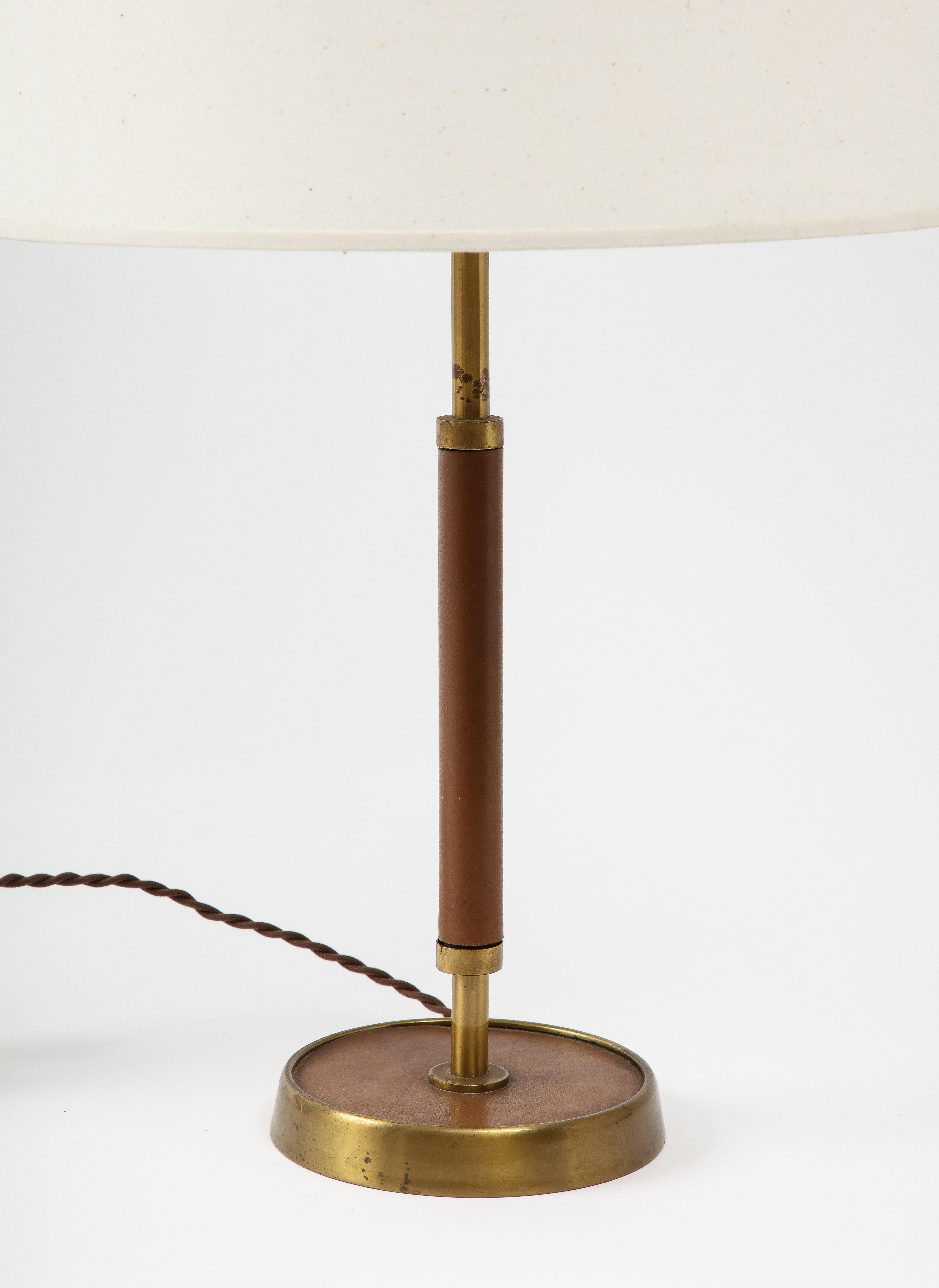 Mid-Century Modern Jacques Adnet Style Leather Stitched and Brass Table Lamp, France 1960's