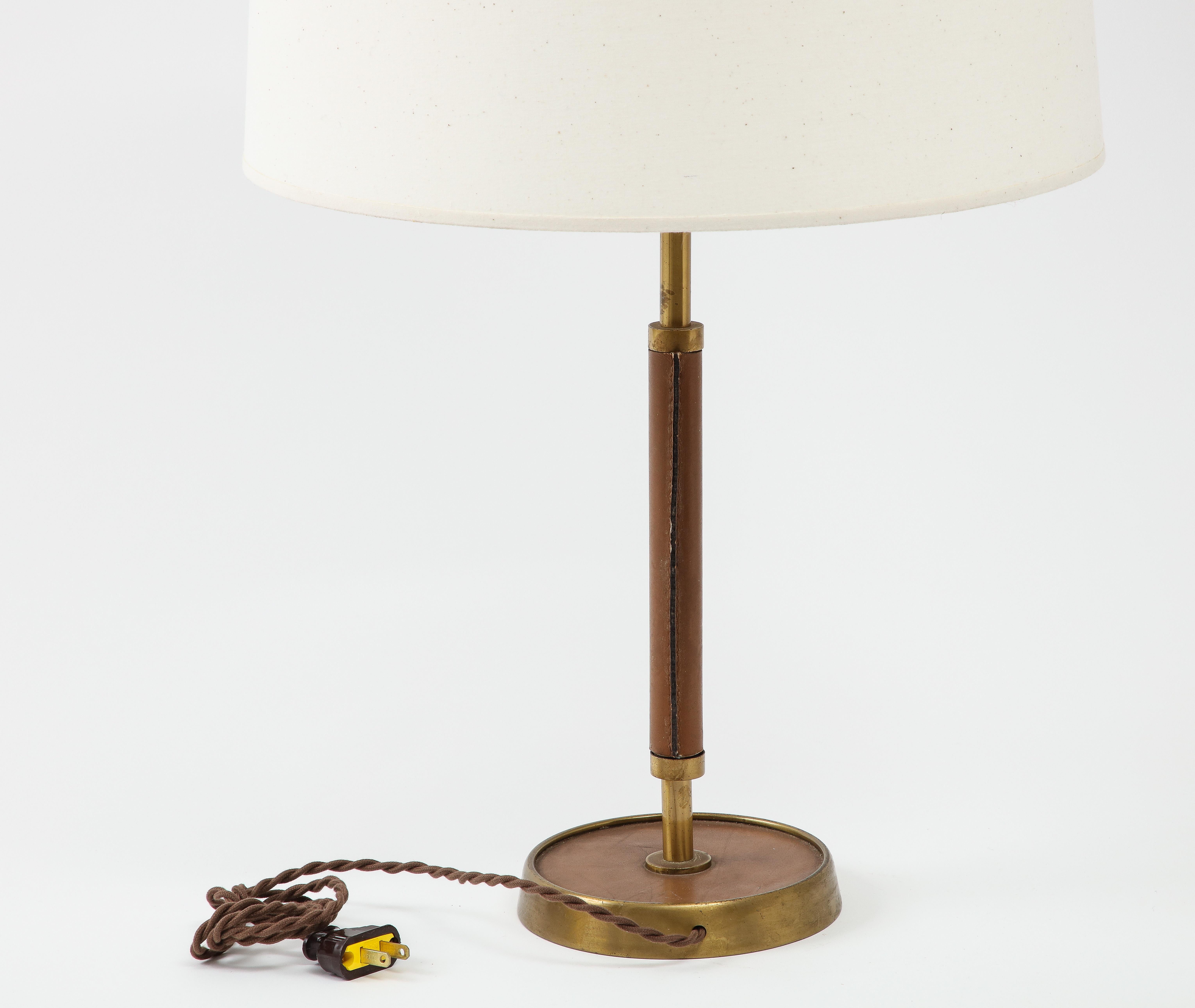 Jacques Adnet Style Leather Stitched and Brass Table Lamp, France 1960's In Good Condition In New York, NY