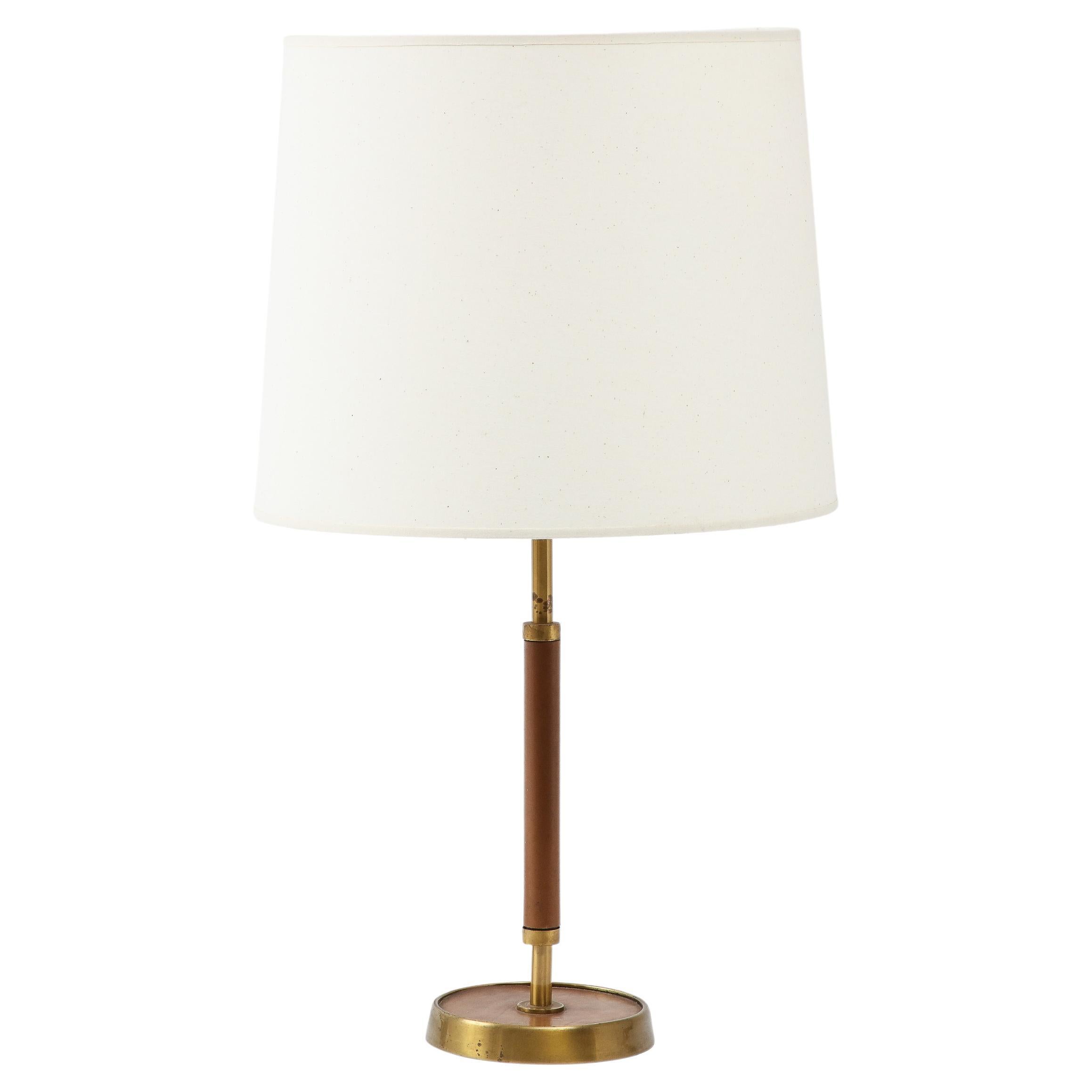 Jacques Adnet Style Leather Stitched and Brass Table Lamp, France 1960's  For Sale at 1stDibs