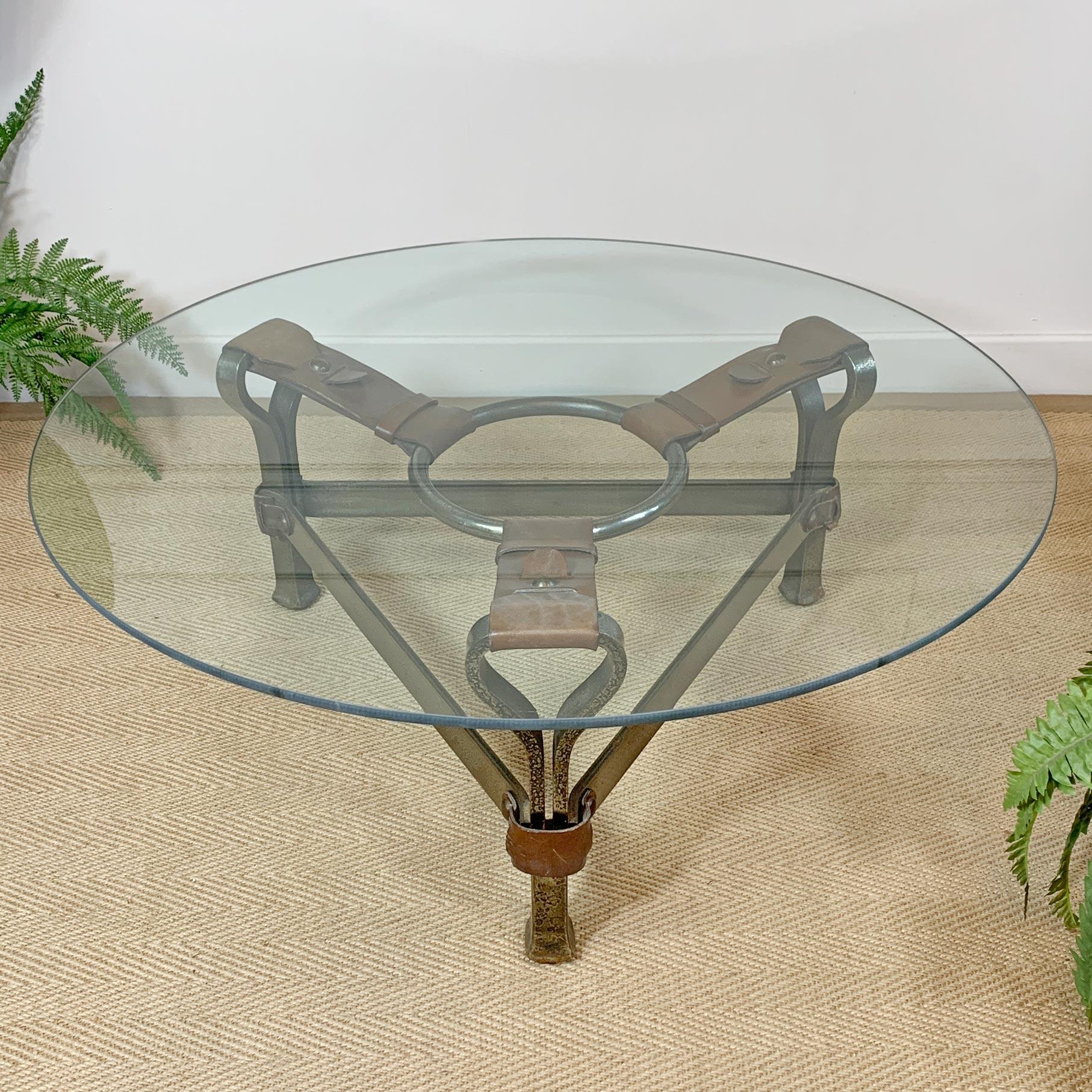 Jean-Pierre Ryckaert Tan Leather Strap and Steel Coffee Table For Sale 3