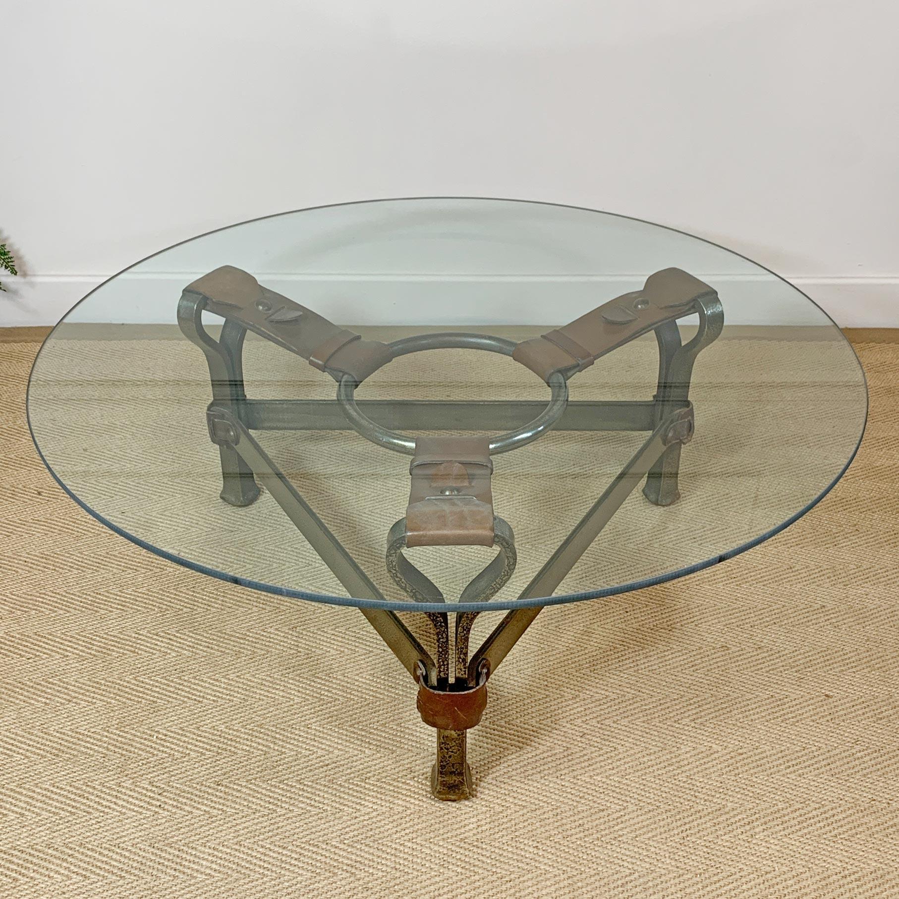 Jean-Pierre Ryckaert Tan Leather Strap and Steel Coffee Table For Sale 5