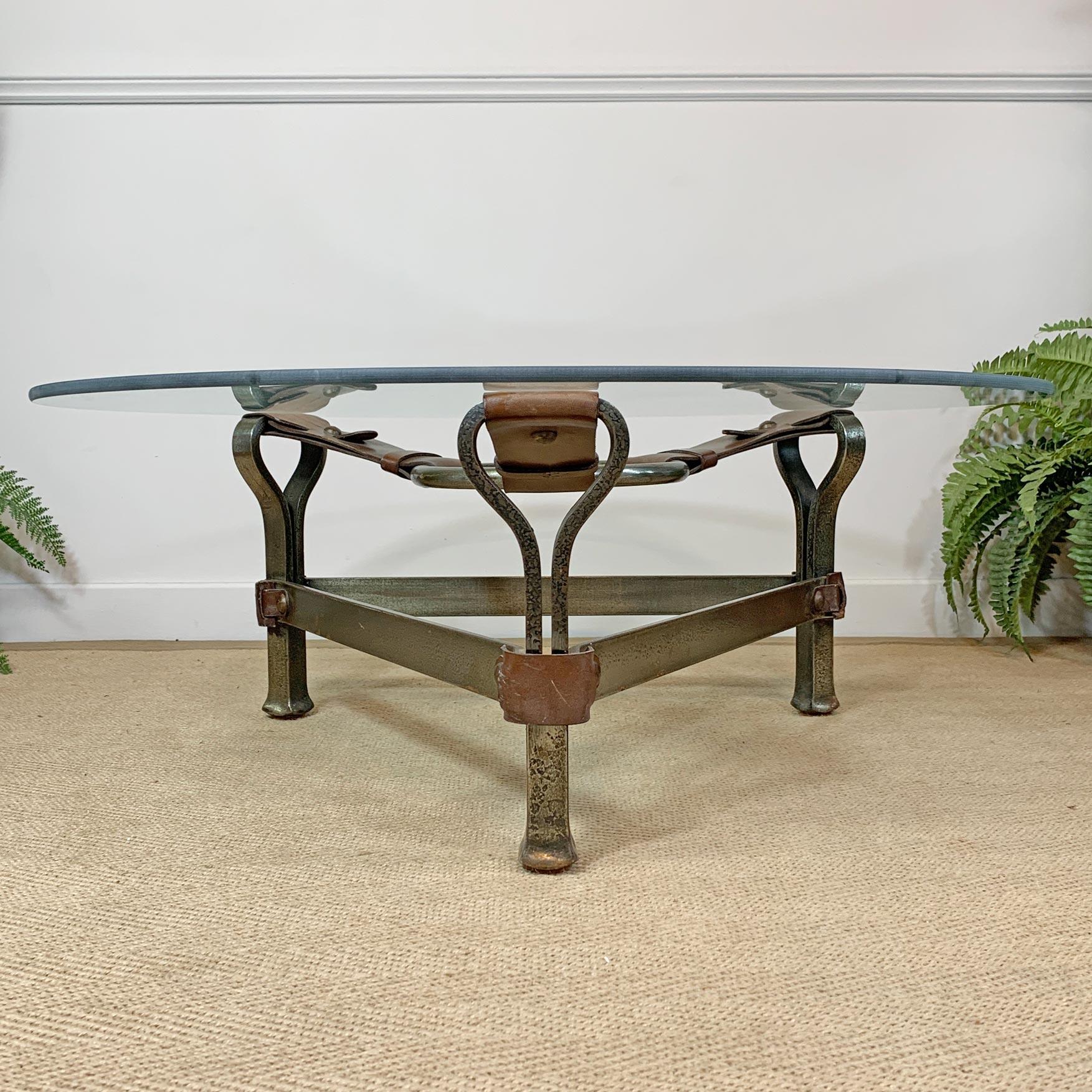 Jean-Pierre Ryckaert Tan Leather Strap and Steel Coffee Table For Sale 9