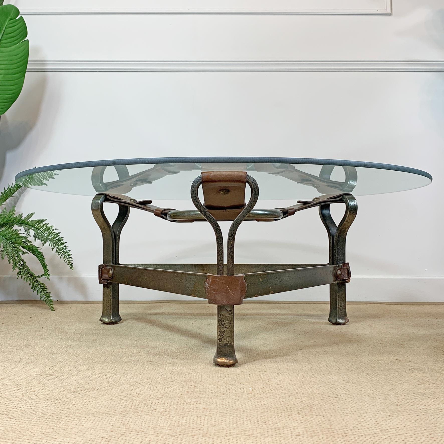French Jean-Pierre Ryckaert Tan Leather Strap and Steel Coffee Table For Sale