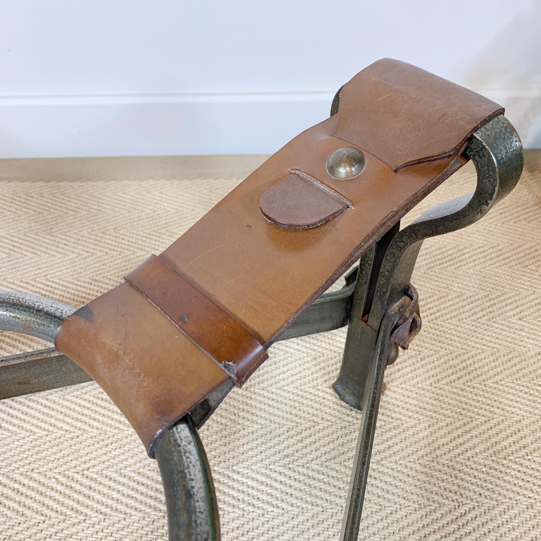 Hand-Crafted Jean-Pierre Ryckaert Tan Leather Strap and Steel Coffee Table For Sale