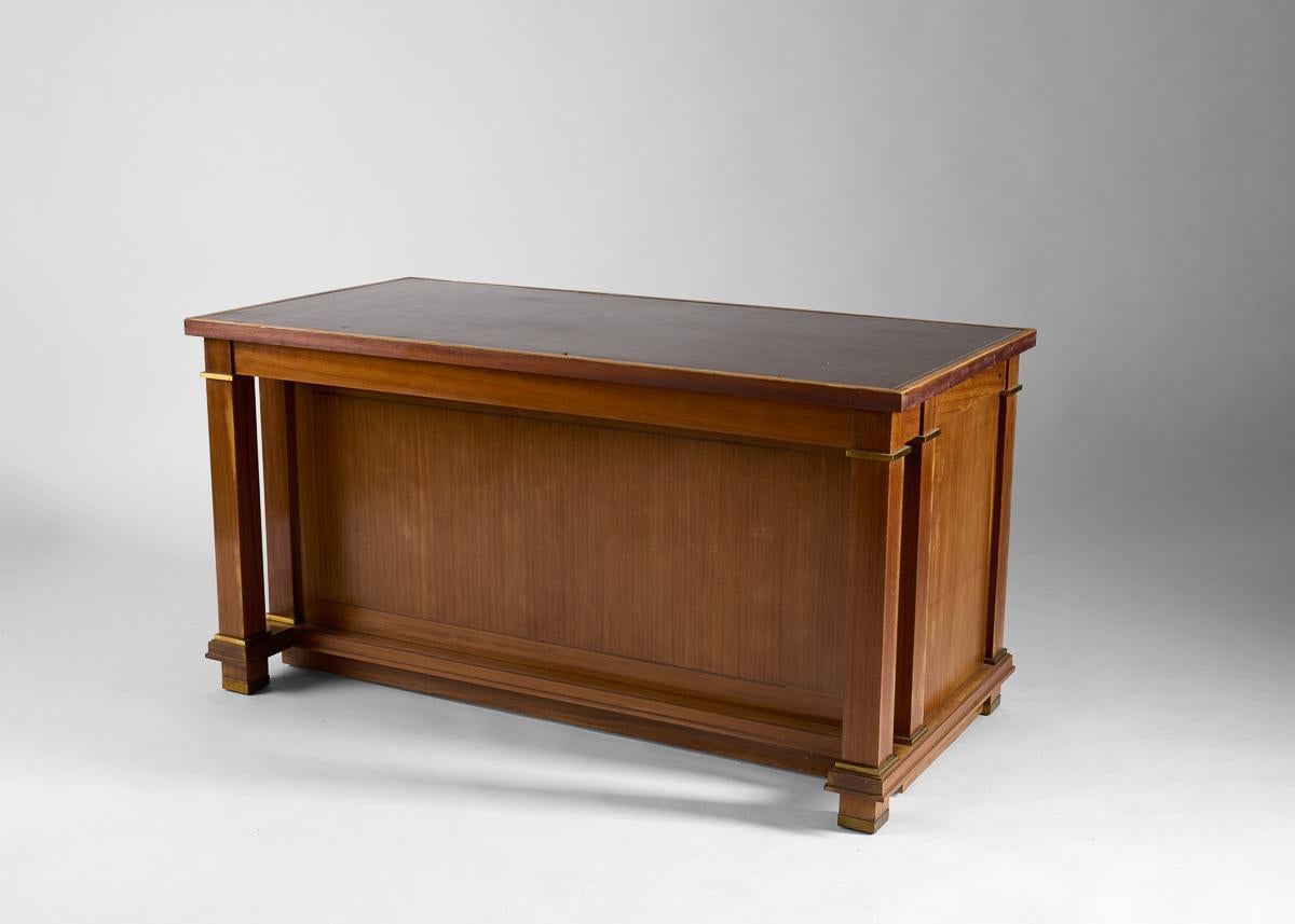 Art Deco Jacques Adnet, Leather-topped Mahogany Desk with Bronze Details, France, 1955 For Sale