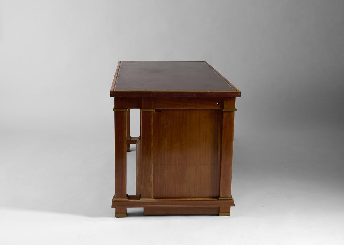 French Jacques Adnet, Leather-topped Mahogany Desk with Bronze Details, France, 1955 For Sale