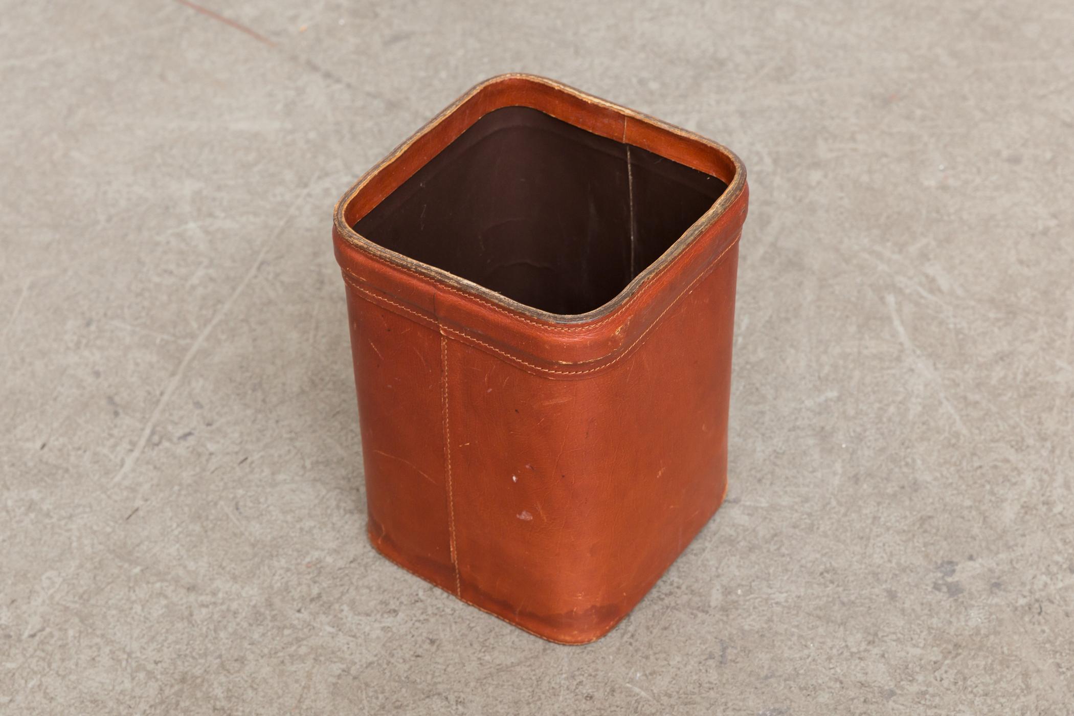 Jacques Adnet Leather Waste Basket In Good Condition In Los Angeles, CA