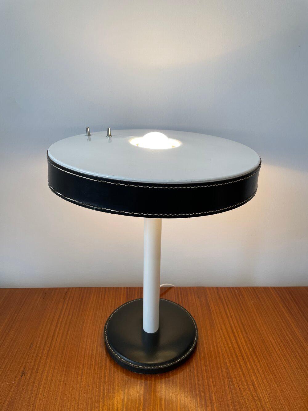 French Jacques Adnet Leather with Metal Base Table Lamp