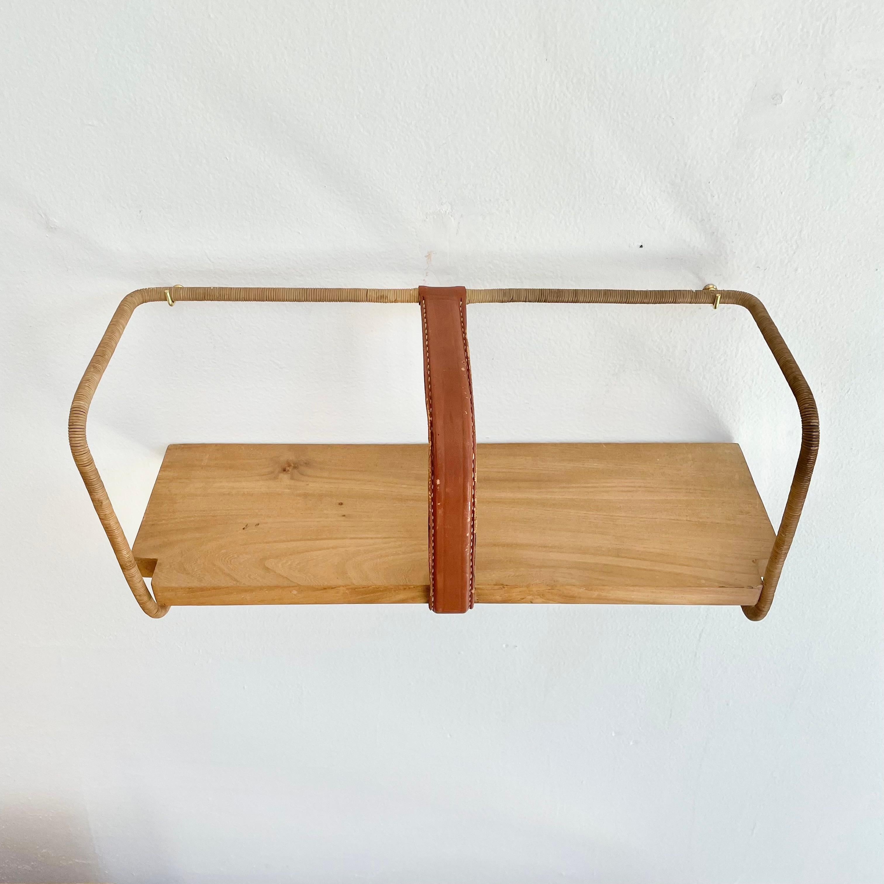 Jacques Adnet Leather, Wood and Twine Shelf, 1950s France For Sale 9