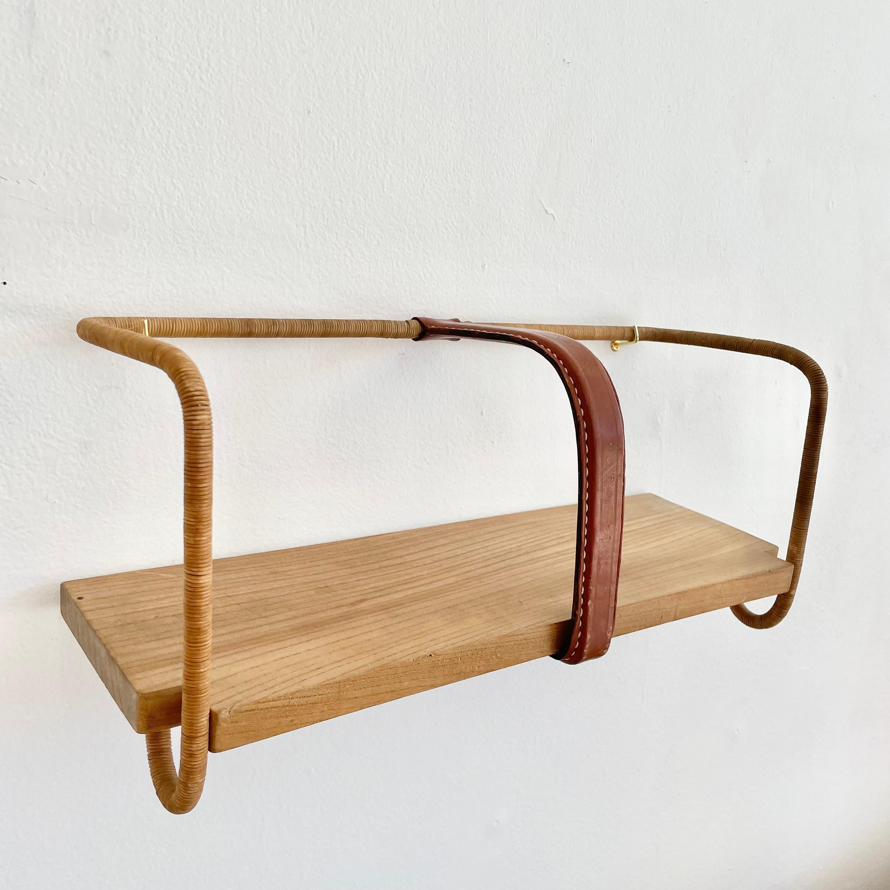Art Deco Jacques Adnet Leather, Wood and Twine Shelf, 1950s France For Sale