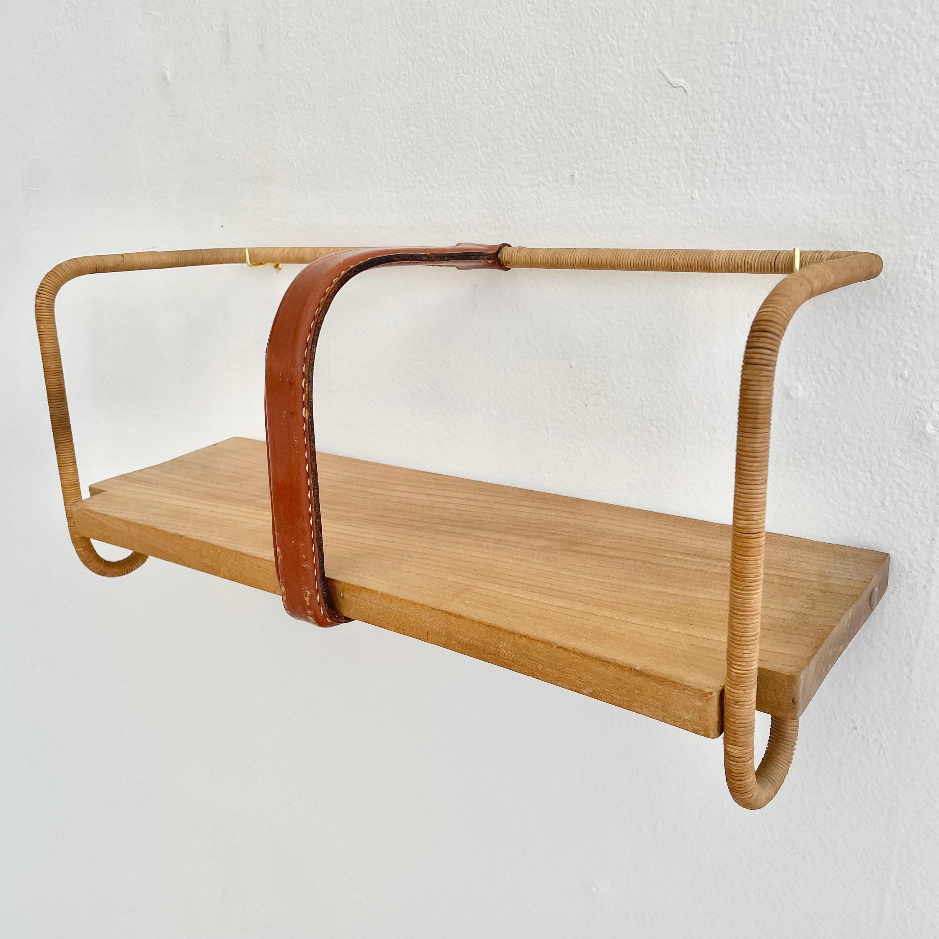 French Jacques Adnet Leather, Wood and Twine Shelf, 1950s France For Sale