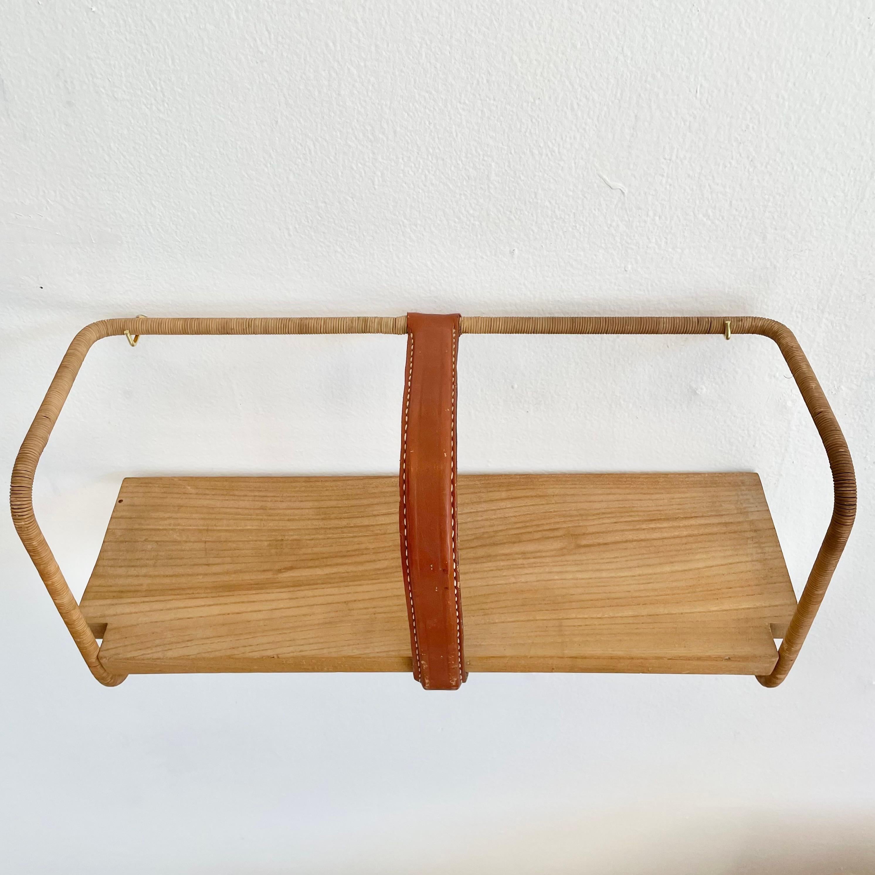Jacques Adnet Leather, Wood and Twine Shelf, 1950s France In Good Condition For Sale In Los Angeles, CA