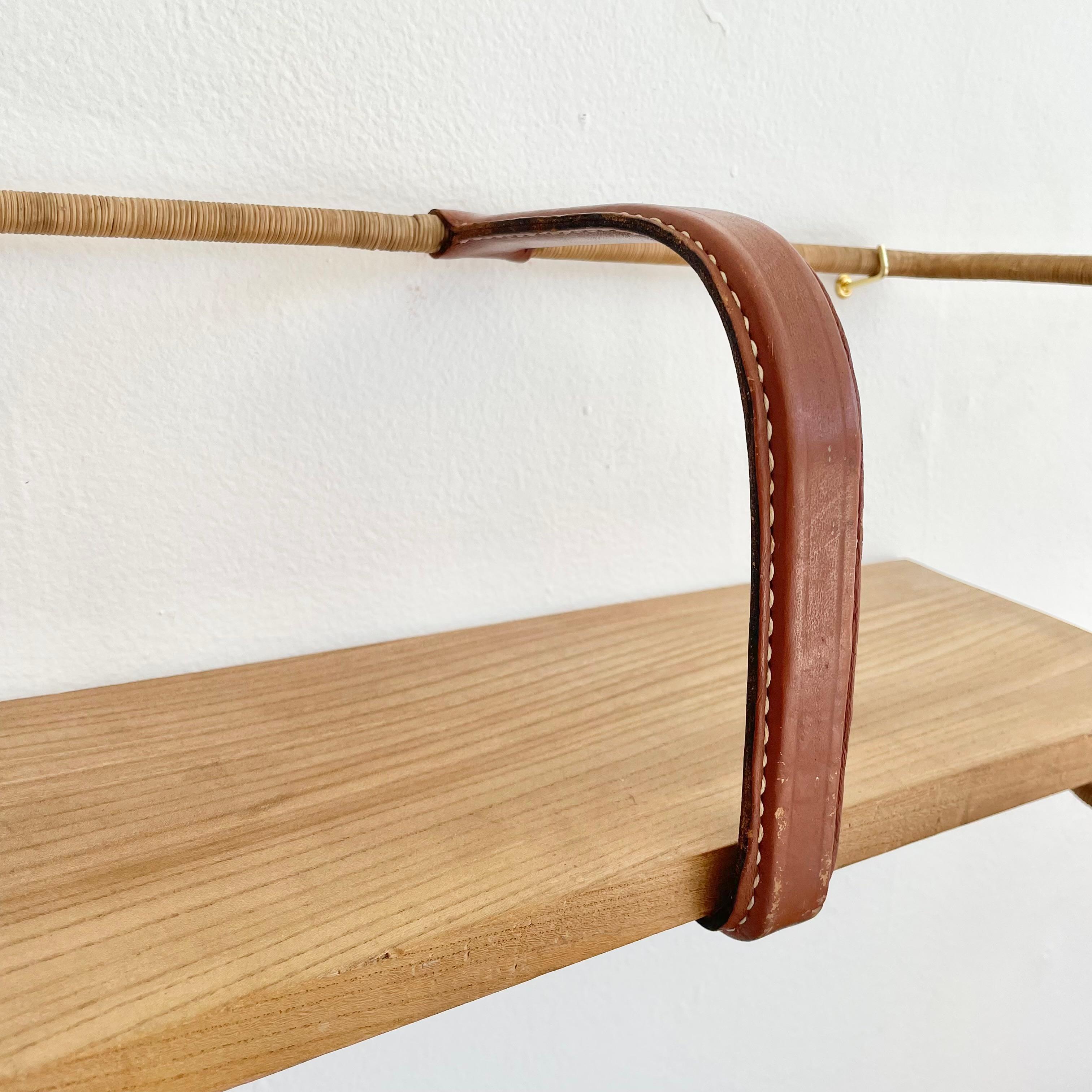 Metal Jacques Adnet Leather, Wood and Twine Shelf, 1950s France For Sale